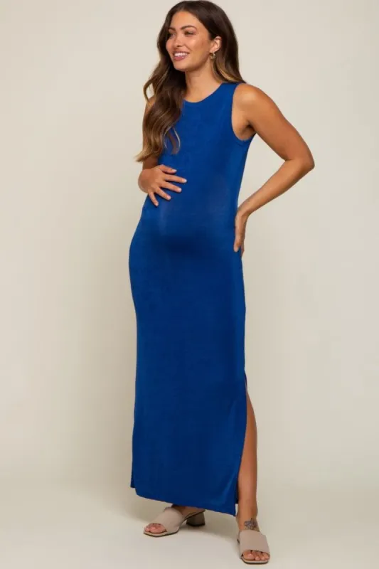 Royal Blue Side Slit Maternity Midi Dress sold by Pinkblush