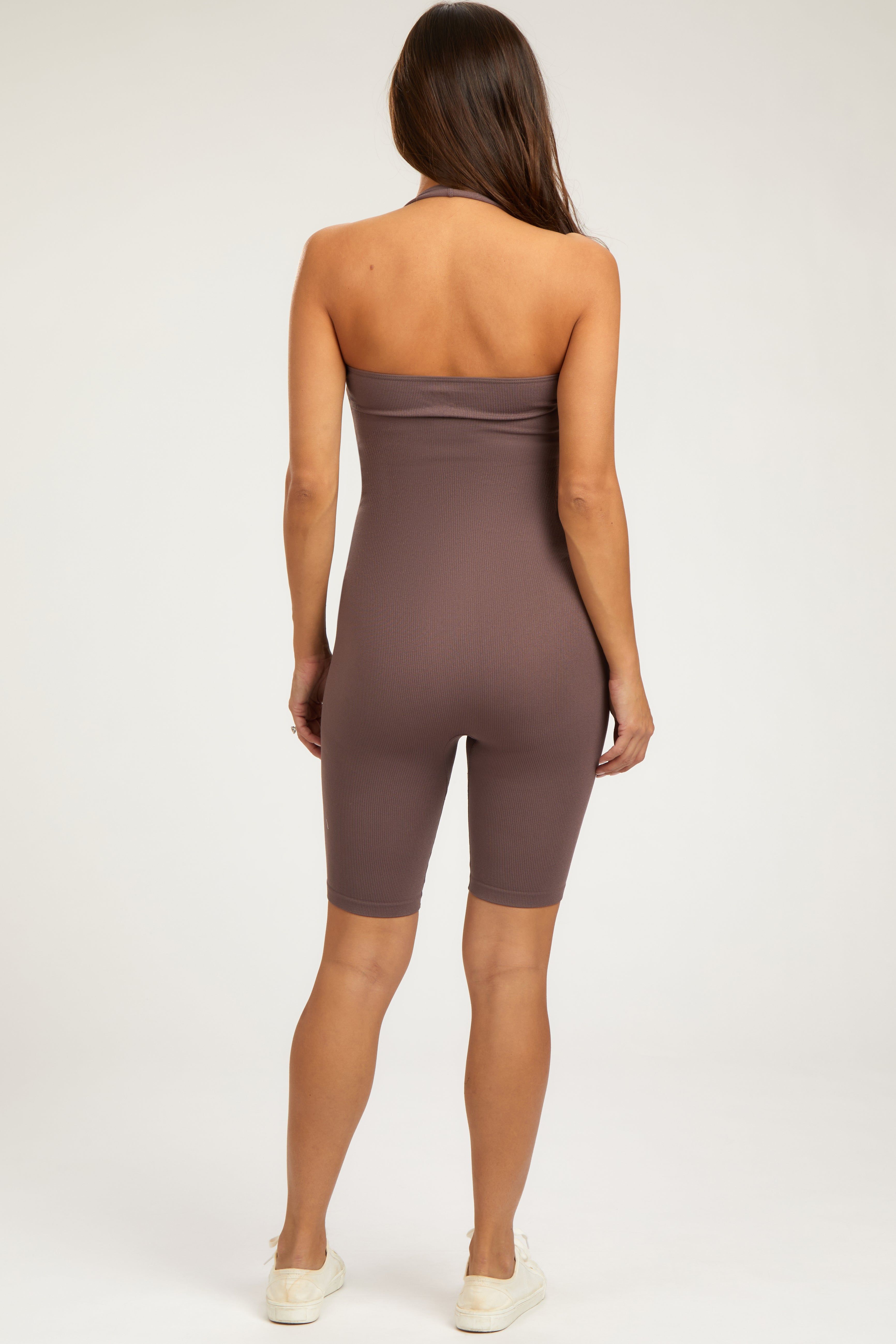 Brown Ribbed Fitted Halter Maternity Romper sold by Pinkblush product image thumbnail 3