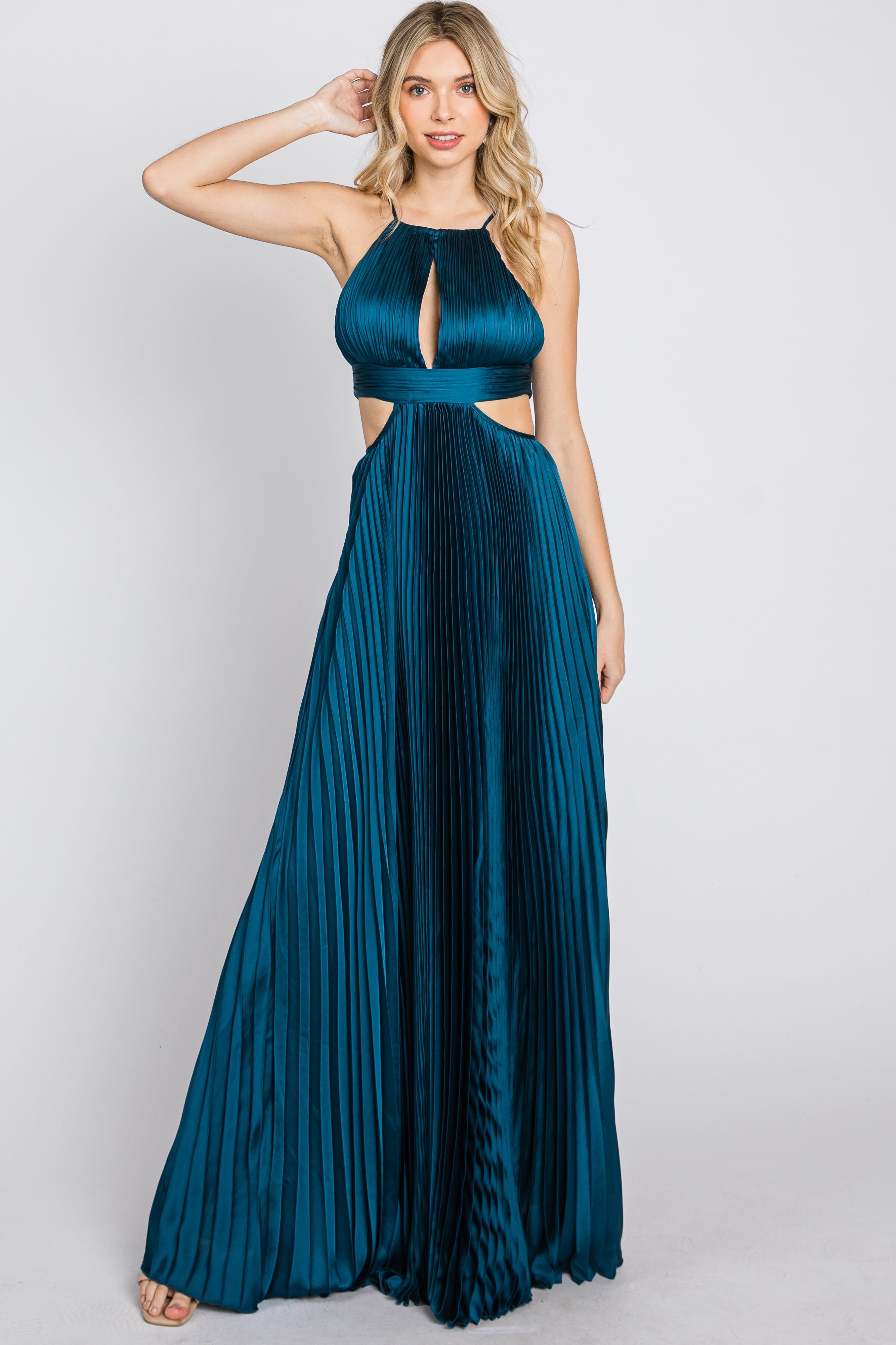 Dark Teal Pleated Satin Cutout Gown sold by Pinkblush product image thumbnail 3