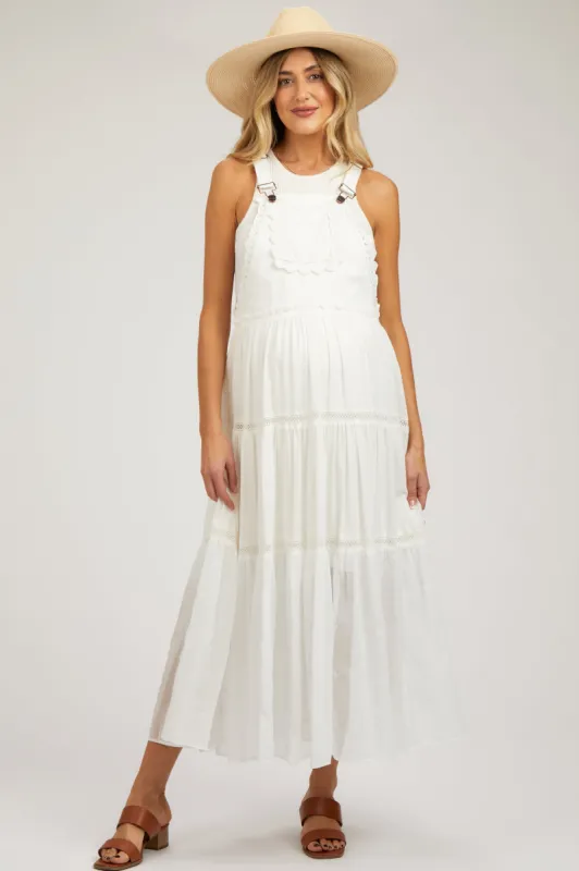 Ivory Overall Crochet Lace Tiered Maternity Dress sold by Pinkblush