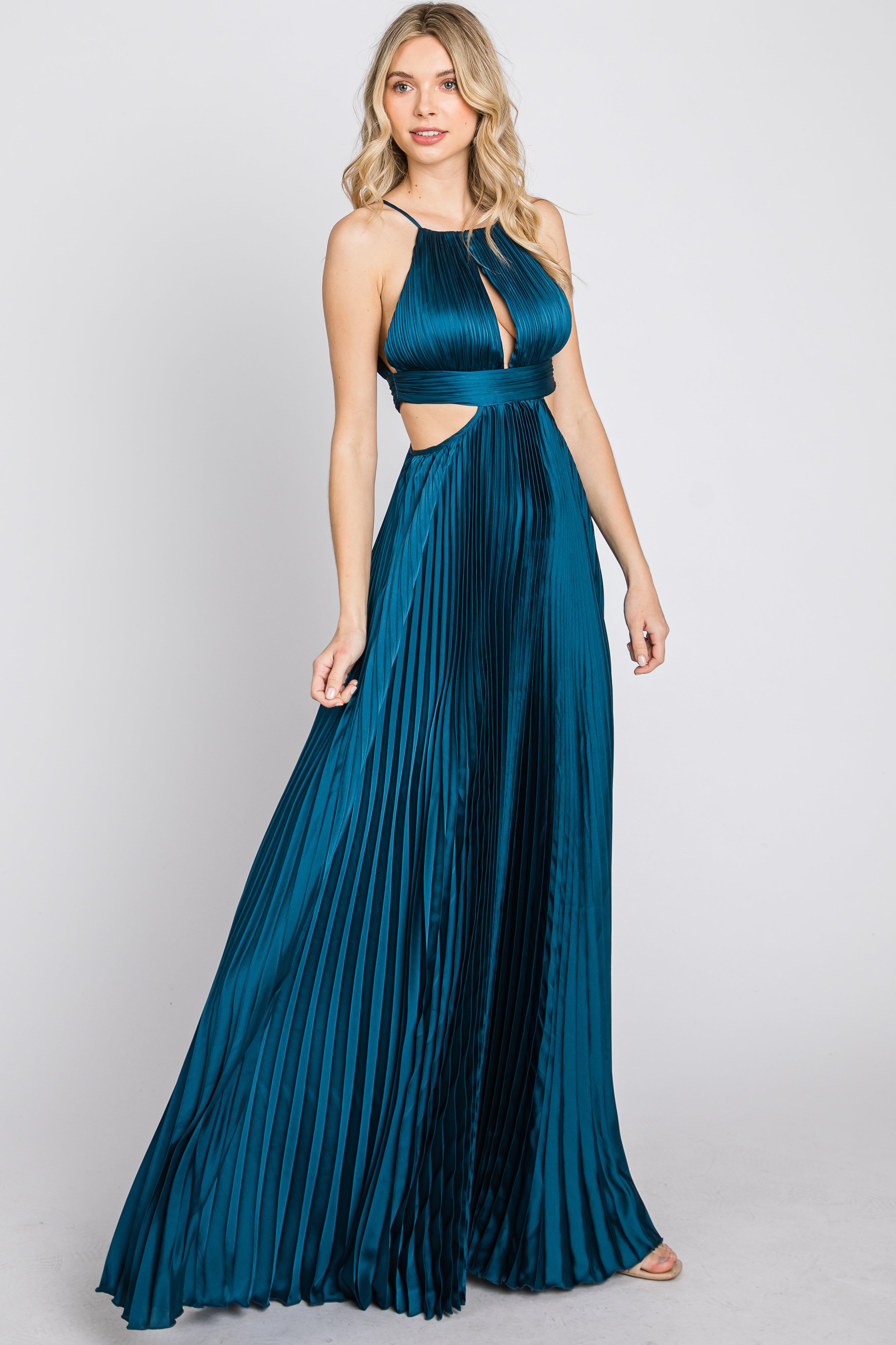 Dark Teal Pleated Satin Cutout Gown sold by Pinkblush product image thumbnail 5