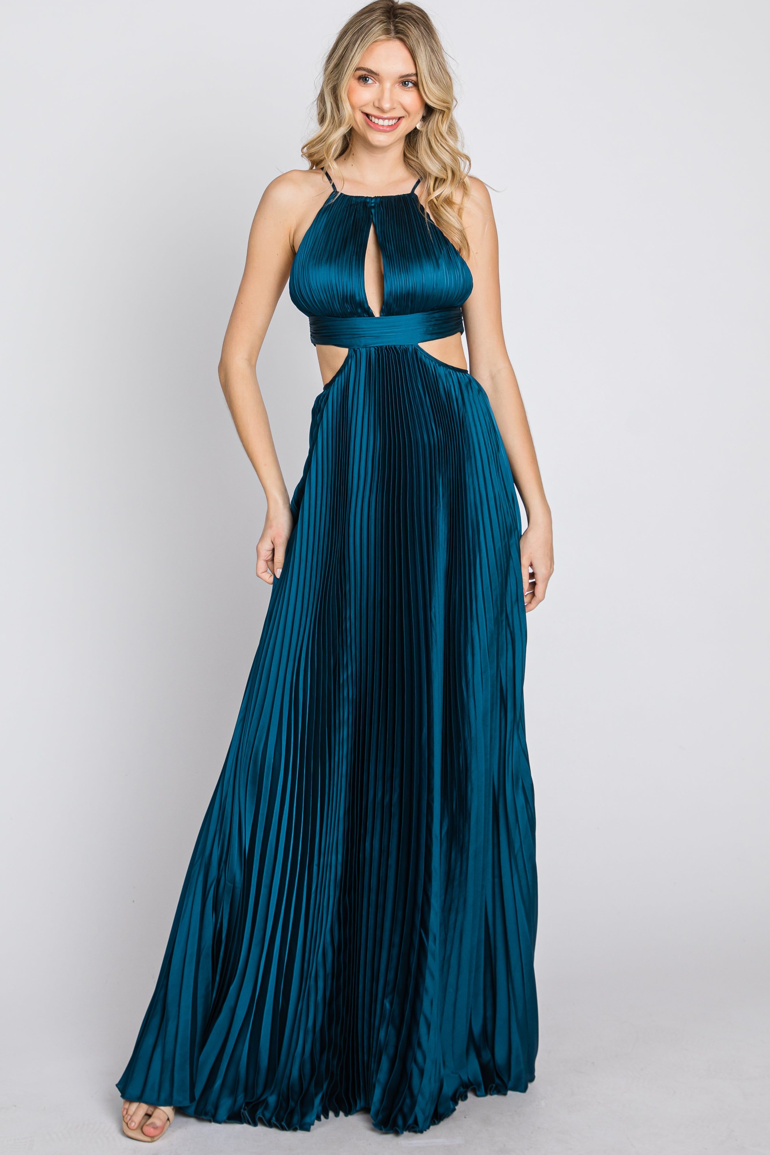 Dark Teal Pleated Satin Cutout Gown sold by Pinkblush