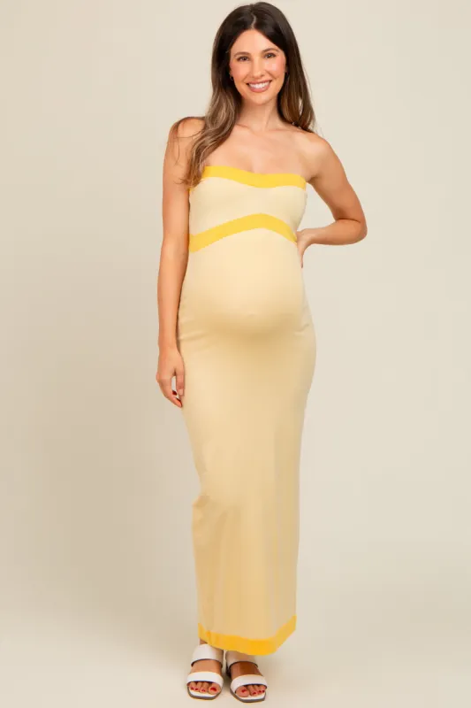 Yellow Strapless Contrast Trim Maternity Maxi Dress sold by Pinkblush
