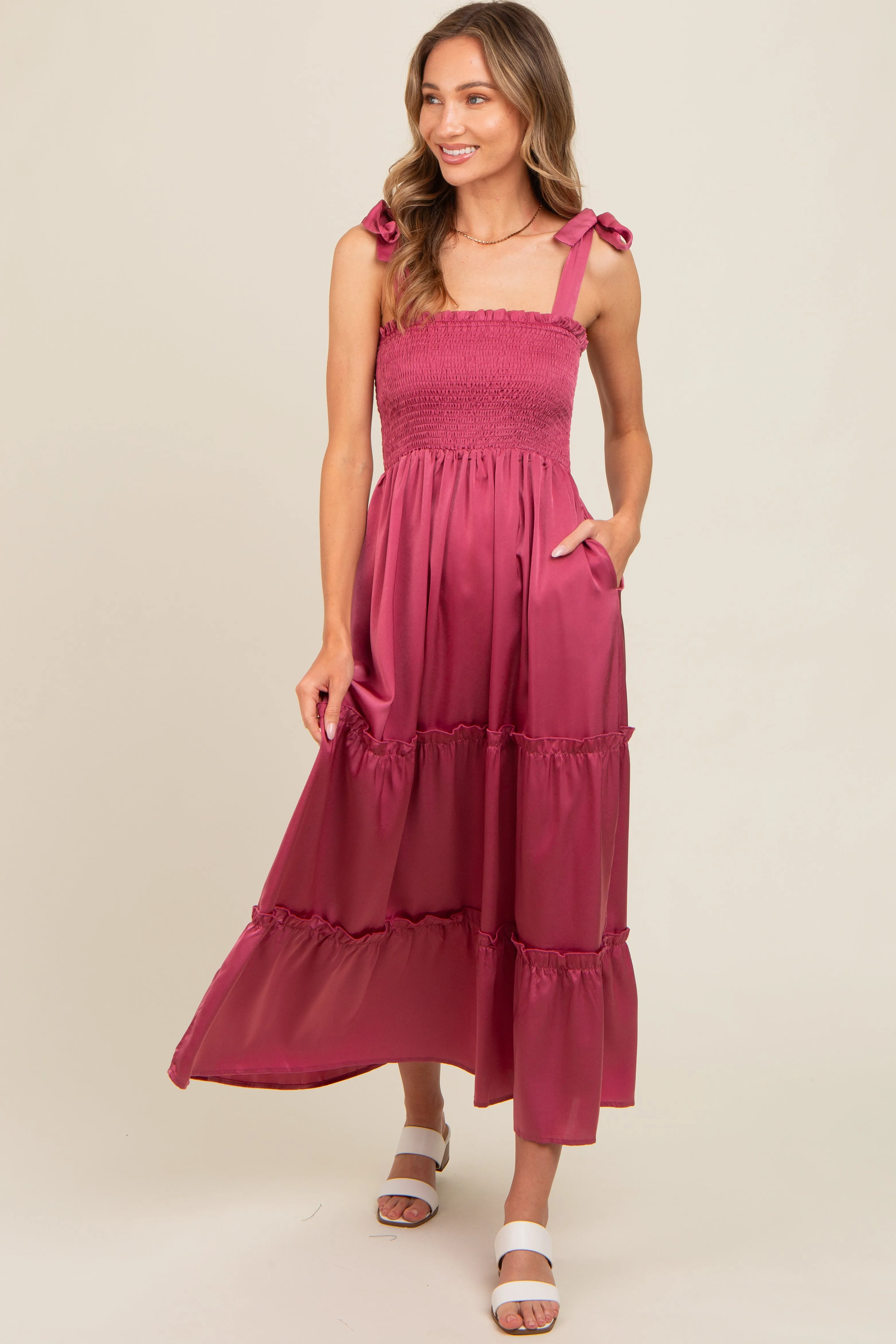 Mauve Satin Smocked Maternity Maxi Dress sold by Pinkblush product image thumbnail 3