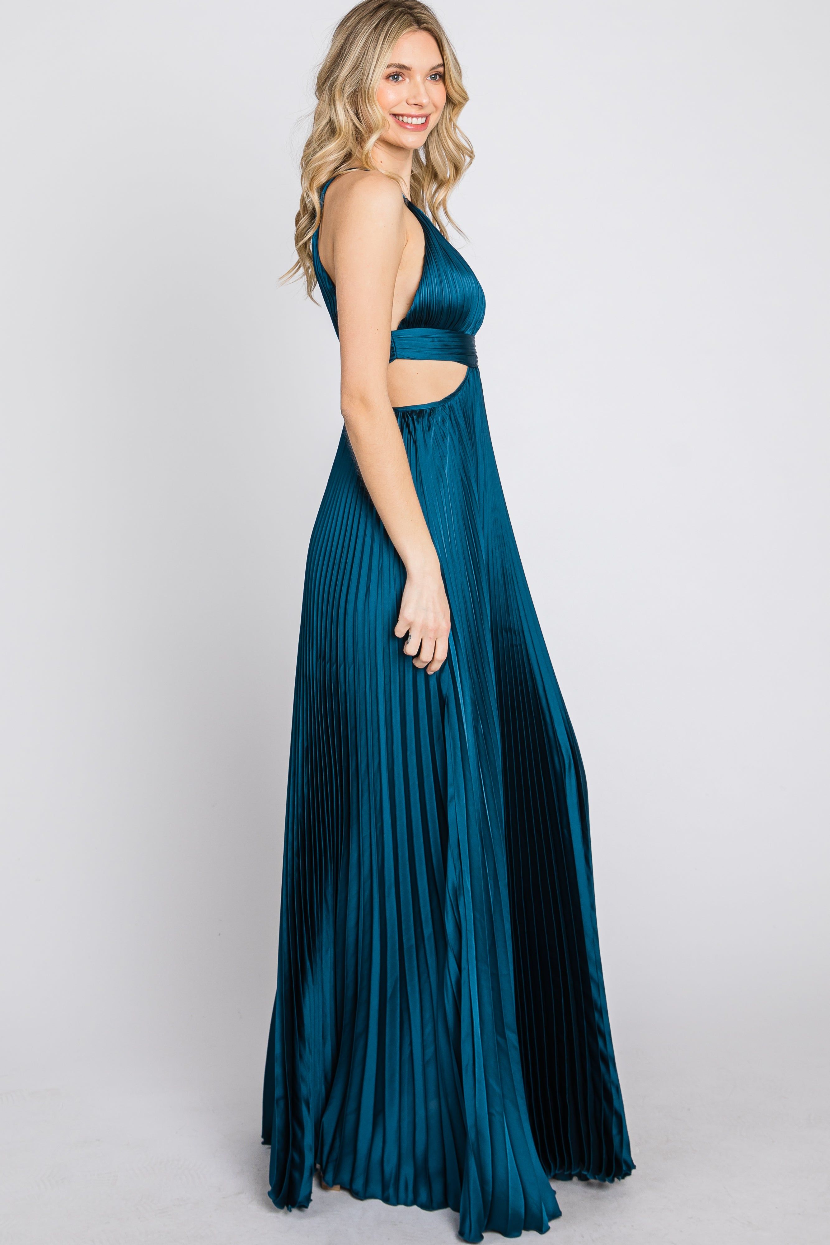 Dark Teal Pleated Satin Cutout Gown sold by Pinkblush product image thumbnail 4