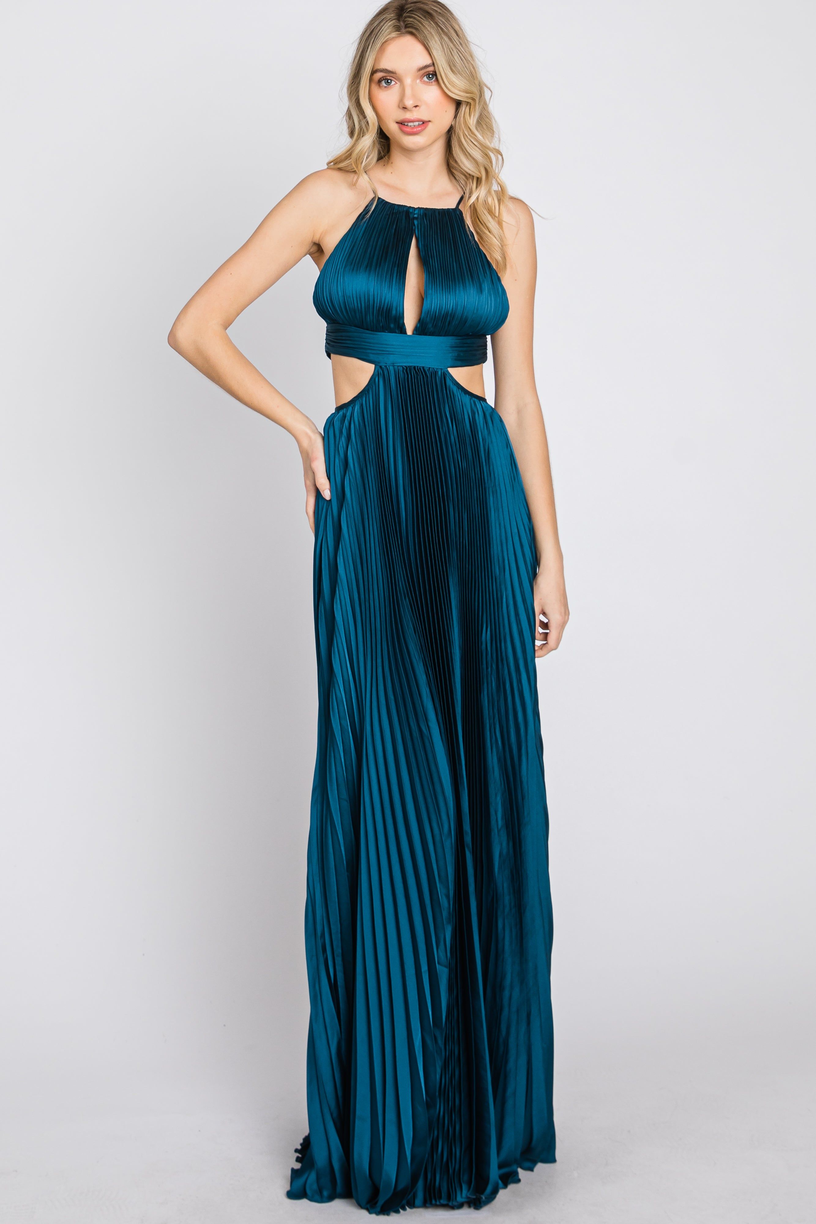 Dark Teal Pleated Satin Cutout Gown sold by Pinkblush product image thumbnail 2