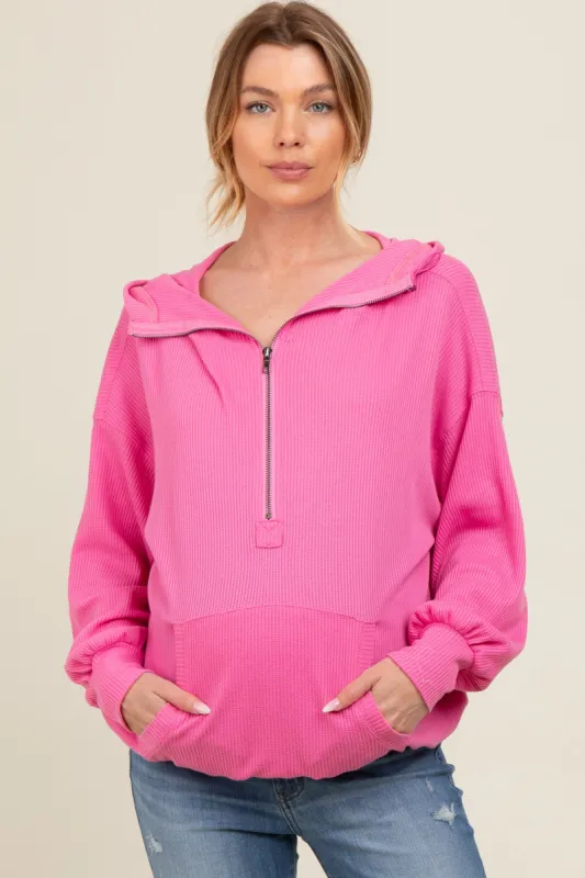 Pink Waffle Knit Half Zip Relaxed Fit Maternity Hoodie sold by Pinkblush