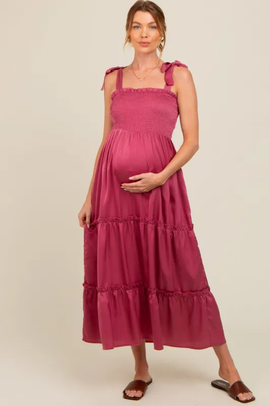 Mauve Satin Smocked Maternity Maxi Dress sold by Pinkblush