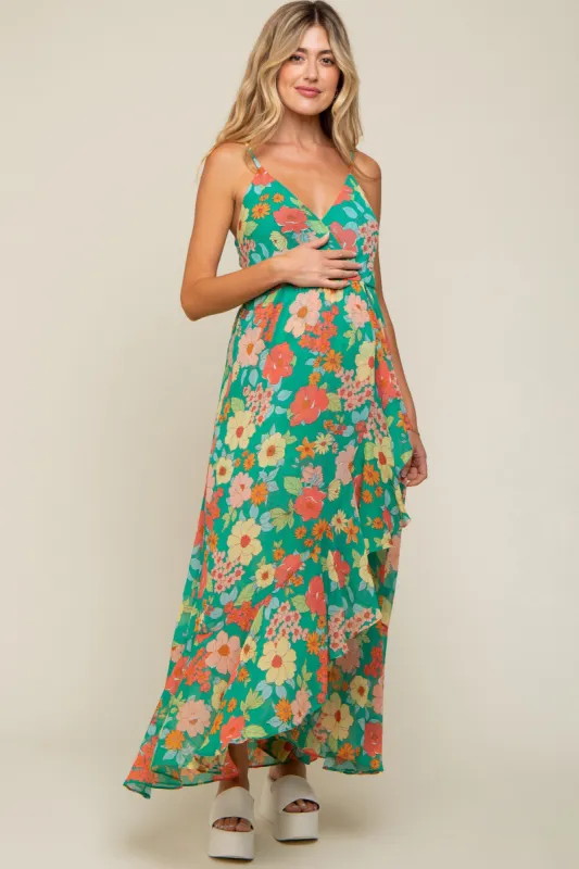 Green Floral Chiffon Ruffle Hi-Low Sleeveless Maternity Midi Dress sold by Pinkblush