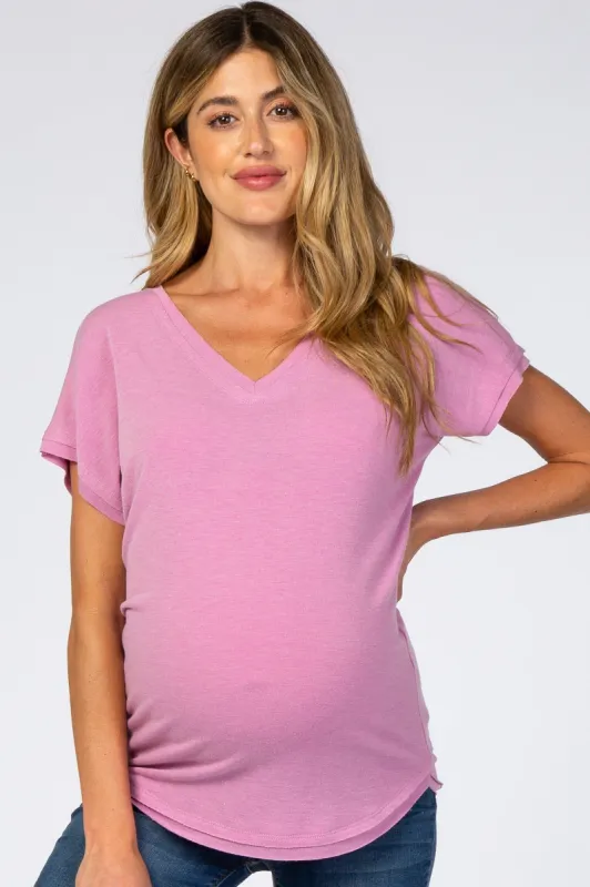 Mauve V-Neck Raw Hem Maternity Short Sleeve Top sold by Pinkblush