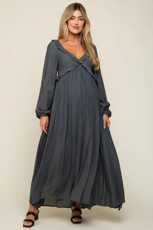 Charcoal Long Sleeve Ruffle Accent Maternity Maxi Dress sold by Pinkblush