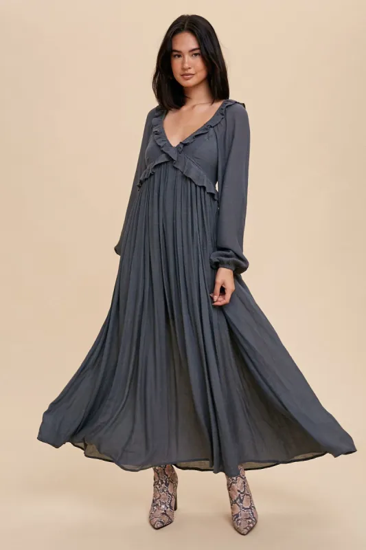 Charcoal Long Sleeve Ruffle Accent Maxi Dress sold by Pinkblush