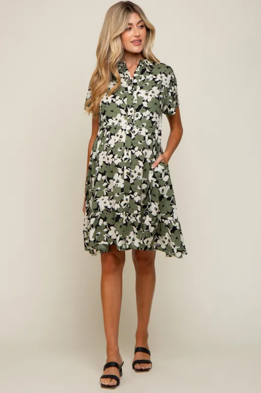 Green Floral Button Front Collared Ruffle Hem Maternity Dress sold by Pinkblush