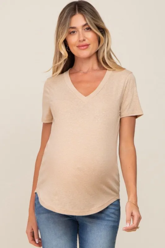 Beige V-Neck Short Sleeve Maternity Tee sold by Pinkblush