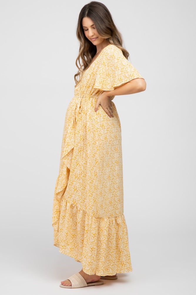 Yellow Floral Wrap Maternity Midi Dress sold by Pinkblush product image thumbnail 2