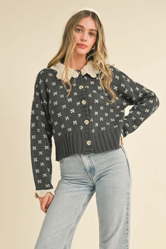 Charcoal Doll Collar Button Up Sweater Cardigan sold by Pinkblush