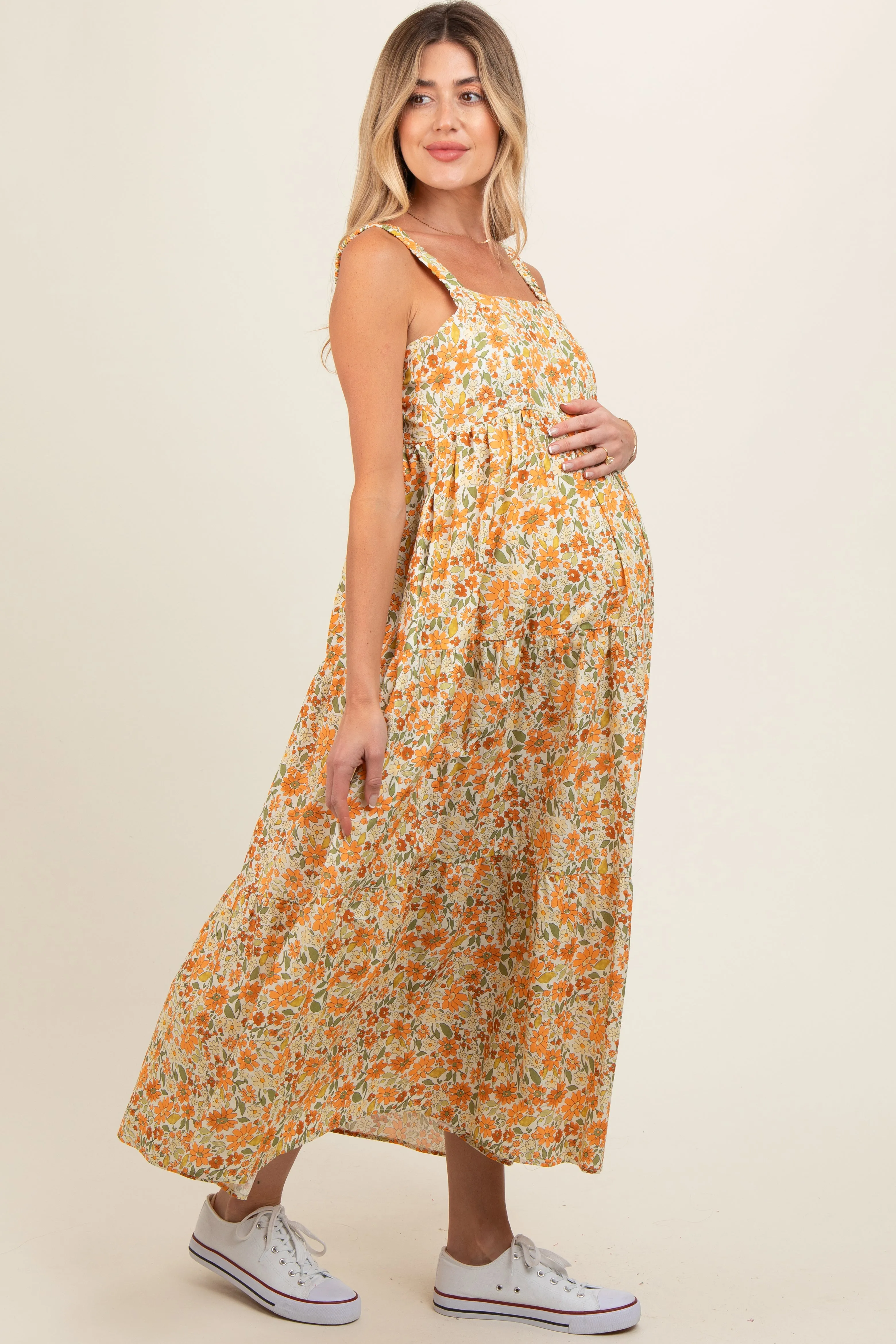Yellow Floral Square Neck Cut Out Back Tiered Maternity Maxi Dress sold by Pinkblush product image thumbnail 2