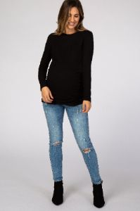 Black Soft Knit Button Shoulder Ruched Side Maternity Top sold by Pinkblush