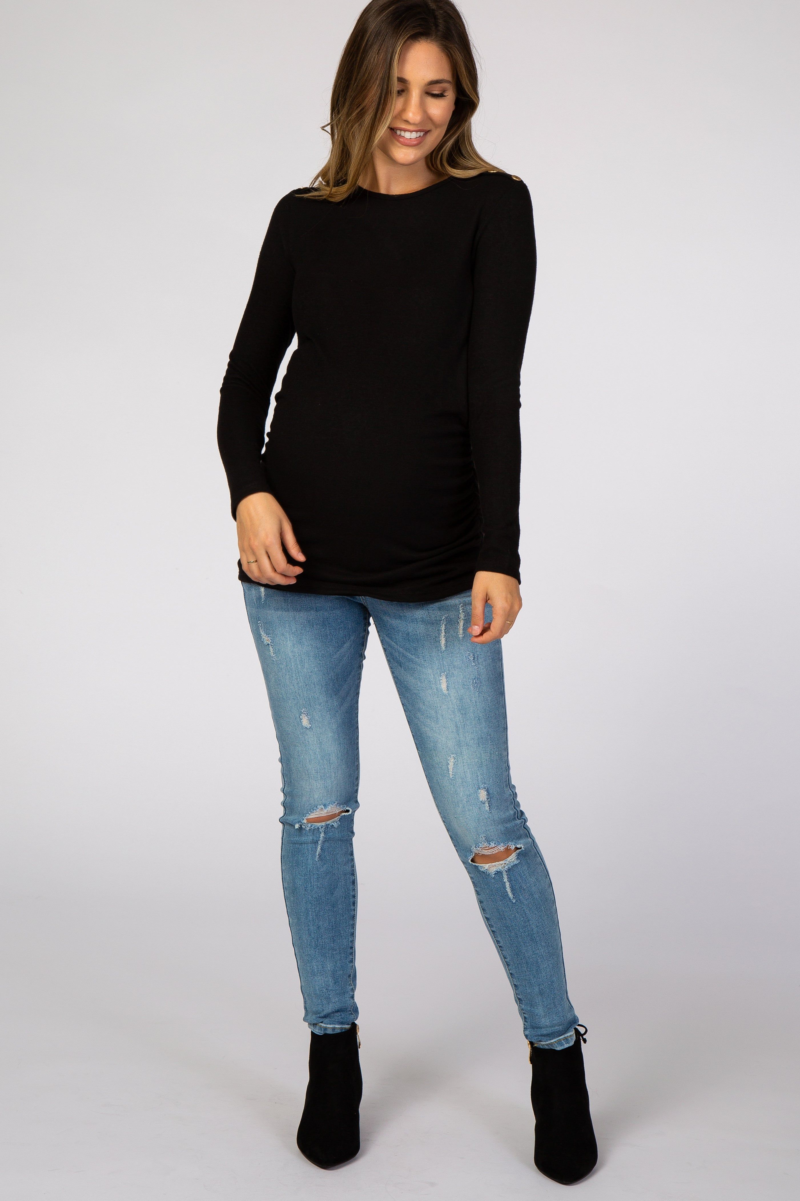 Black Soft Knit Button Shoulder Ruched Side Maternity Top sold by Pinkblush product image thumbnail 4