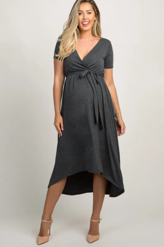 PinkBlush Charcoal Solid Hi-Low Maternity Wrap Dress sold by Pinkblush