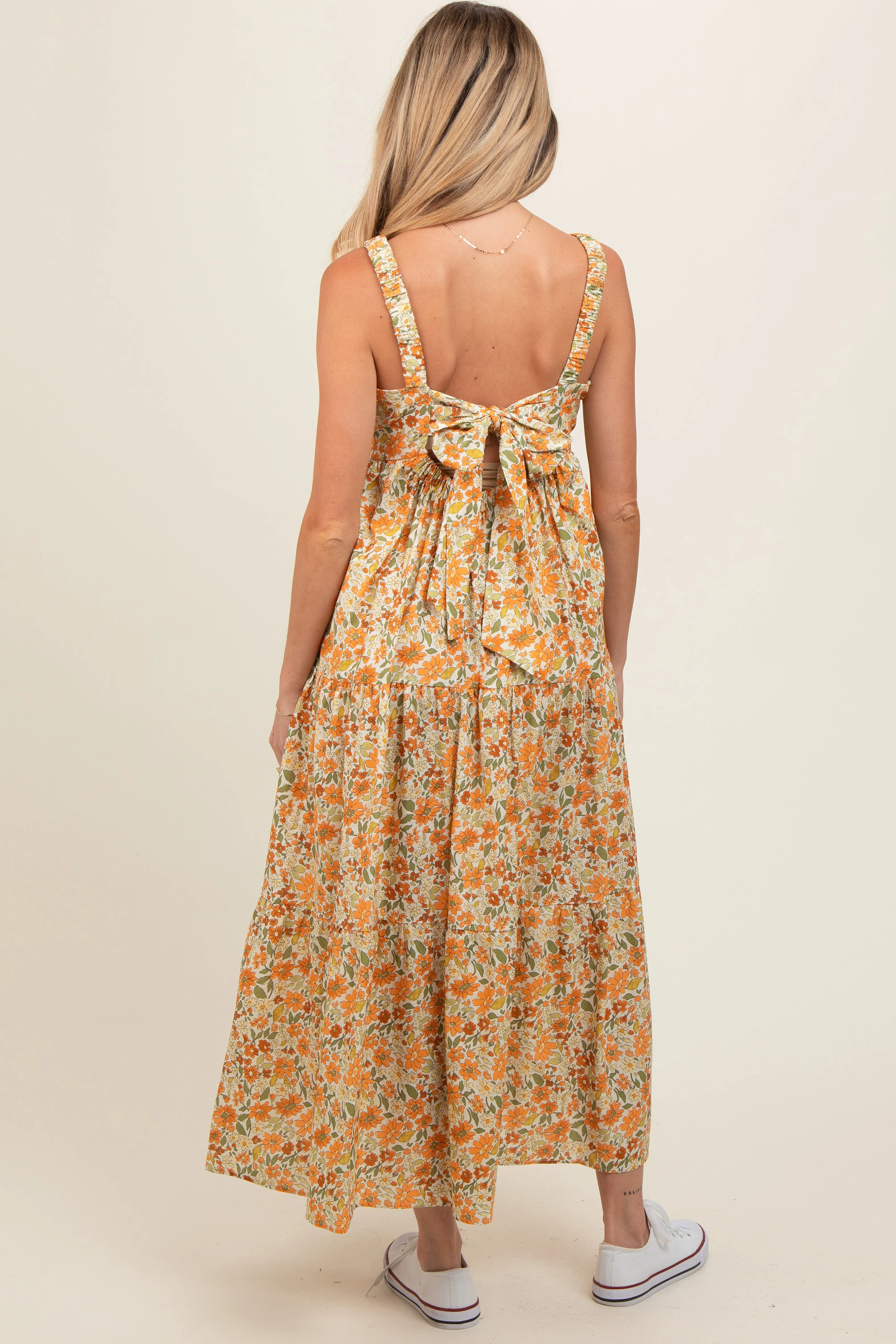 Yellow Floral Square Neck Cut Out Back Tiered Maternity Maxi Dress sold by Pinkblush product image thumbnail 3