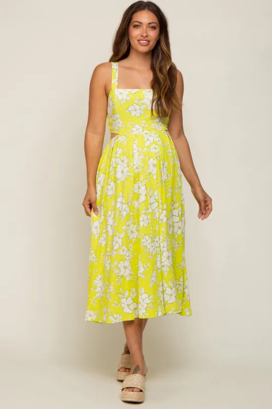 Lime Floral Sleeveless Side Cutout Maternity Midi Dress sold by Pinkblush