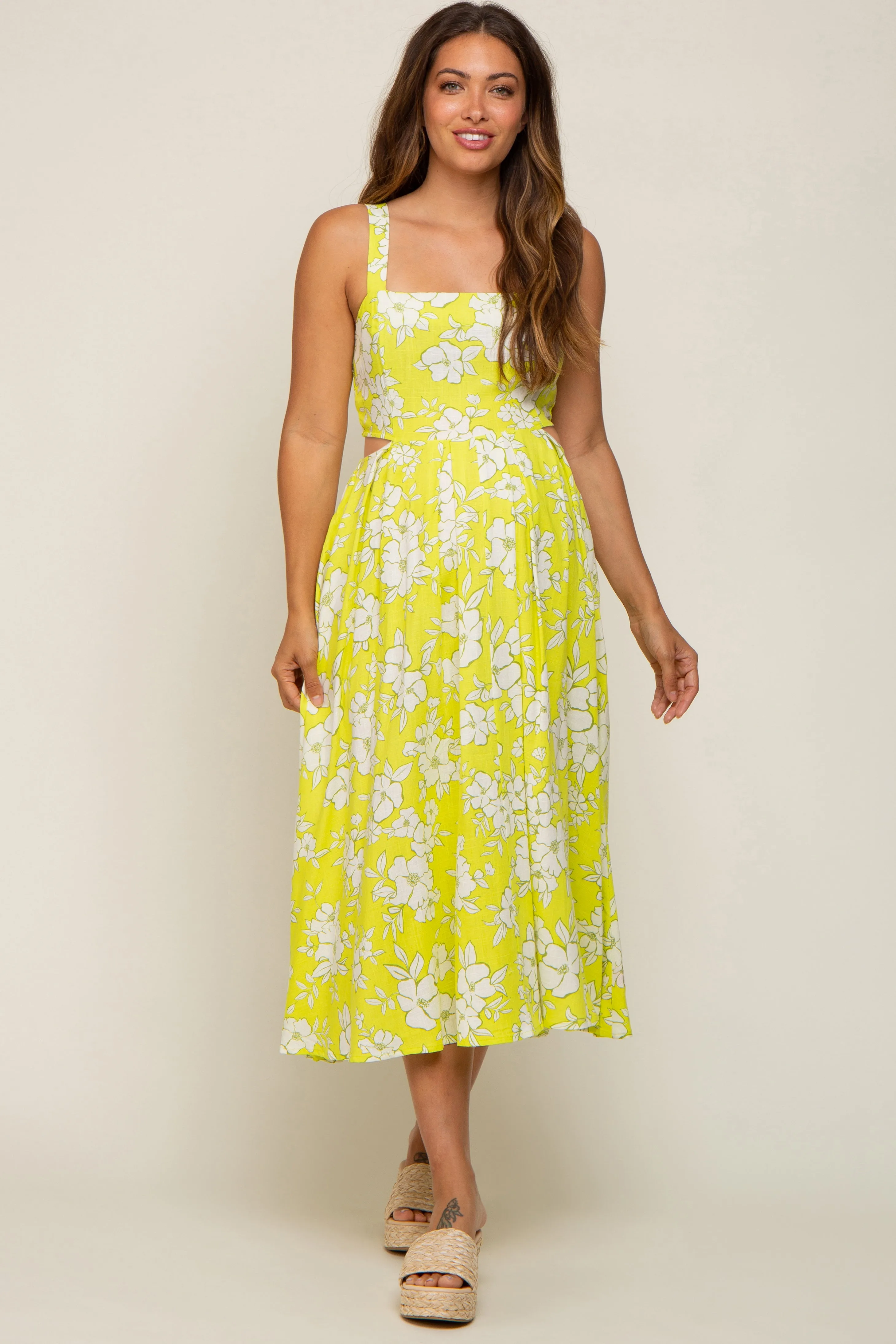 Lime Floral Sleeveless Side Cutout Maternity Midi Dress sold by Pinkblush