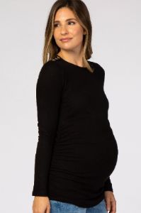 Black Soft Knit Button Shoulder Ruched Side Maternity Top sold by Pinkblush