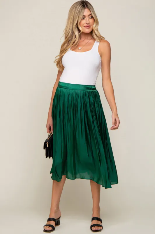 Forest Green Pleated Shimmer Satin Maternity Midi Skirt sold by Pinkblush