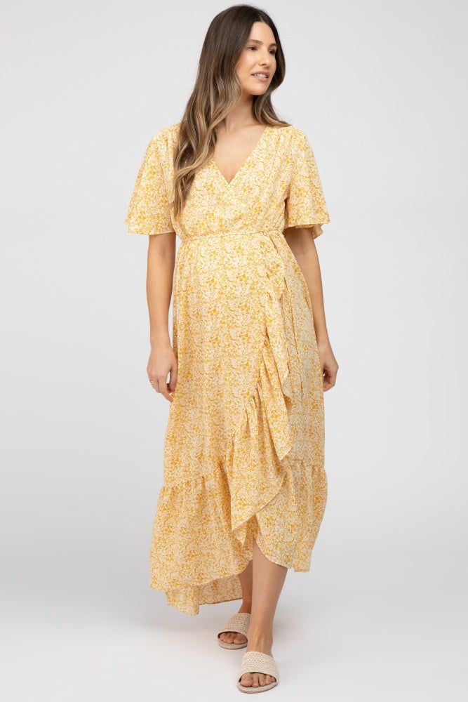 Yellow Floral Wrap Maternity Midi Dress sold by Pinkblush