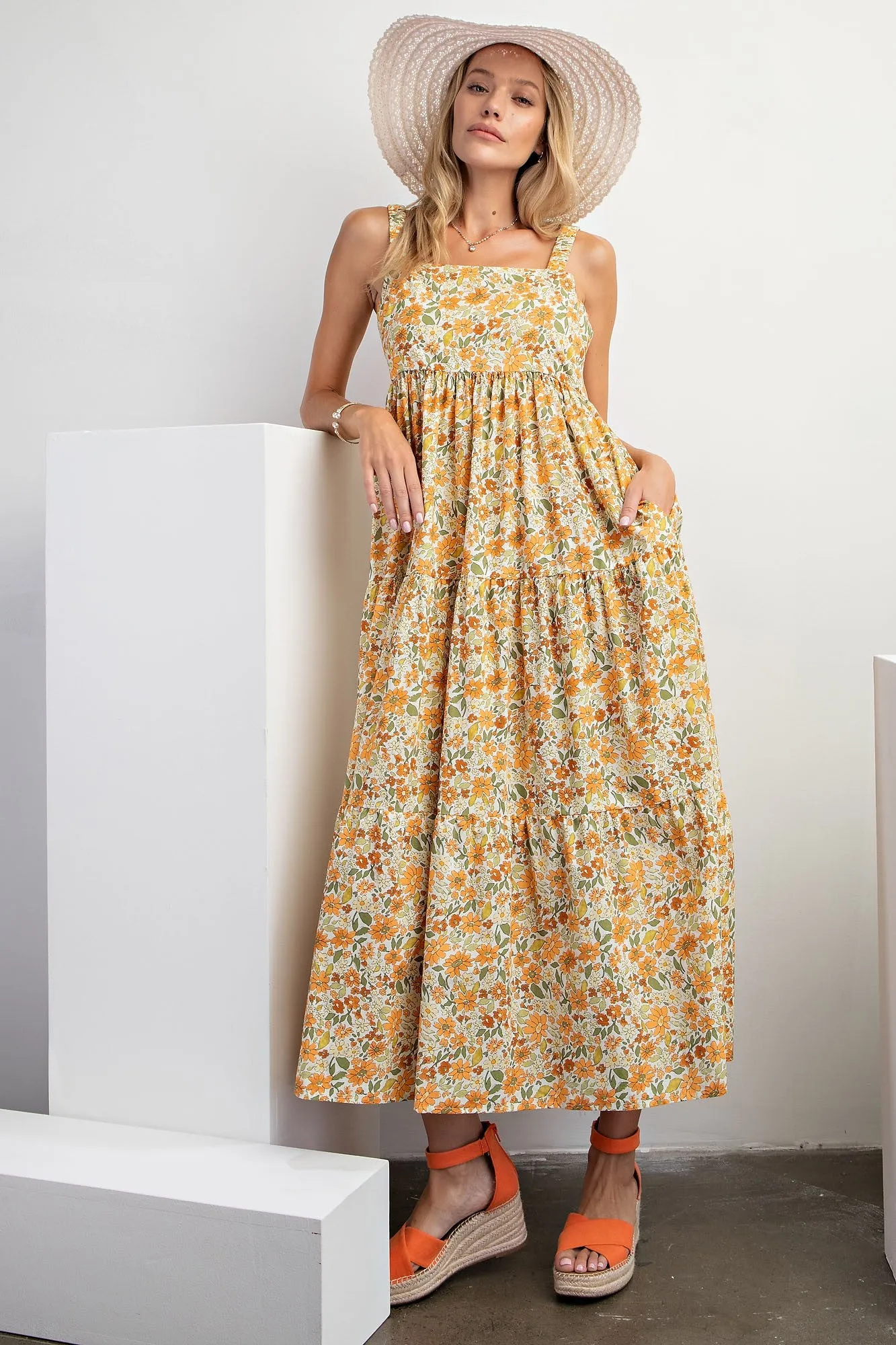 Yellow Floral Square Neck Cut Out Back Tiered Maternity Maxi Dress sold by Pinkblush product image thumbnail 4