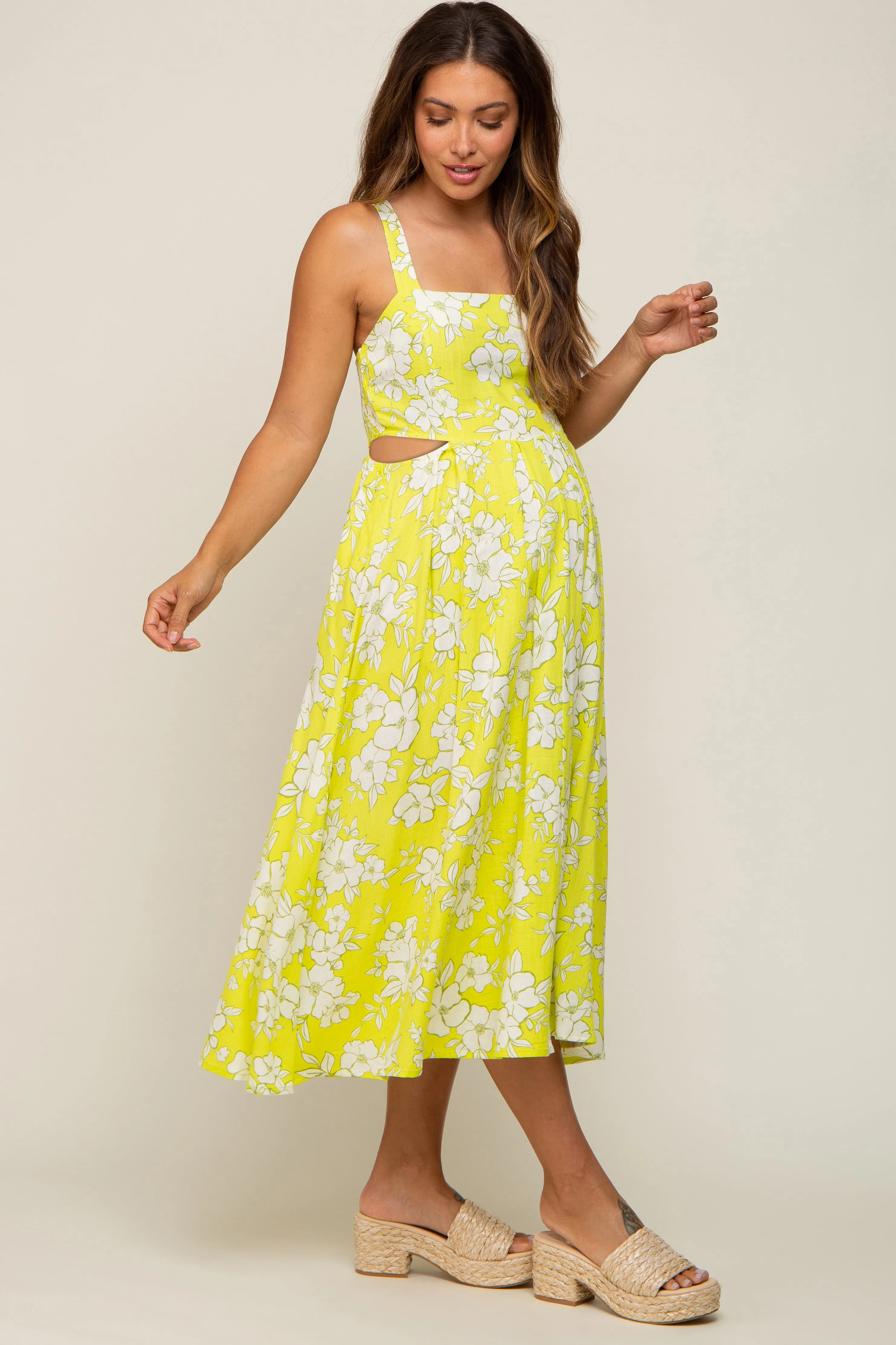 Lime Floral Sleeveless Side Cutout Maternity Midi Dress sold by Pinkblush product image thumbnail 2