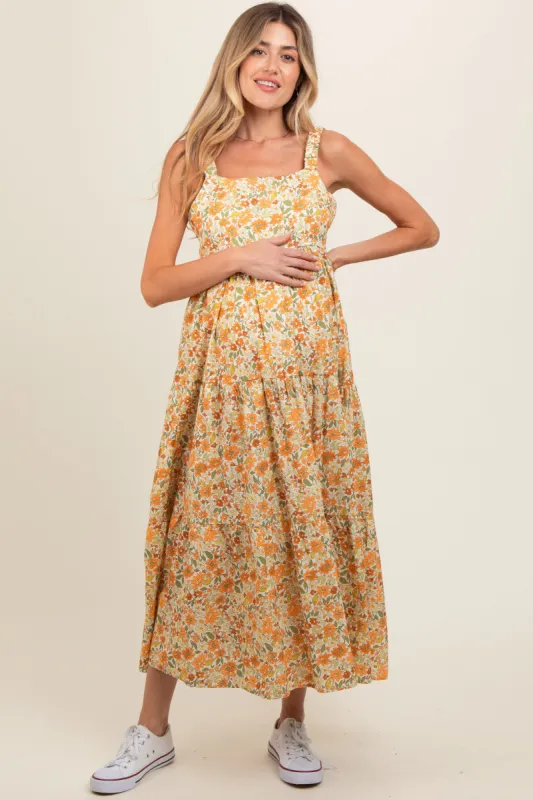 Yellow Floral Square Neck Cut Out Back Tiered Maternity Maxi Dress sold by Pinkblush
