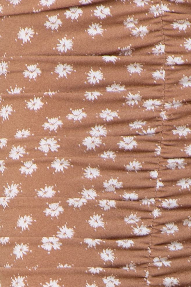 Mocha Floral Ribbed Ruched Shoulder Tie Dress sold by Pinkblush product image thumbnail 4