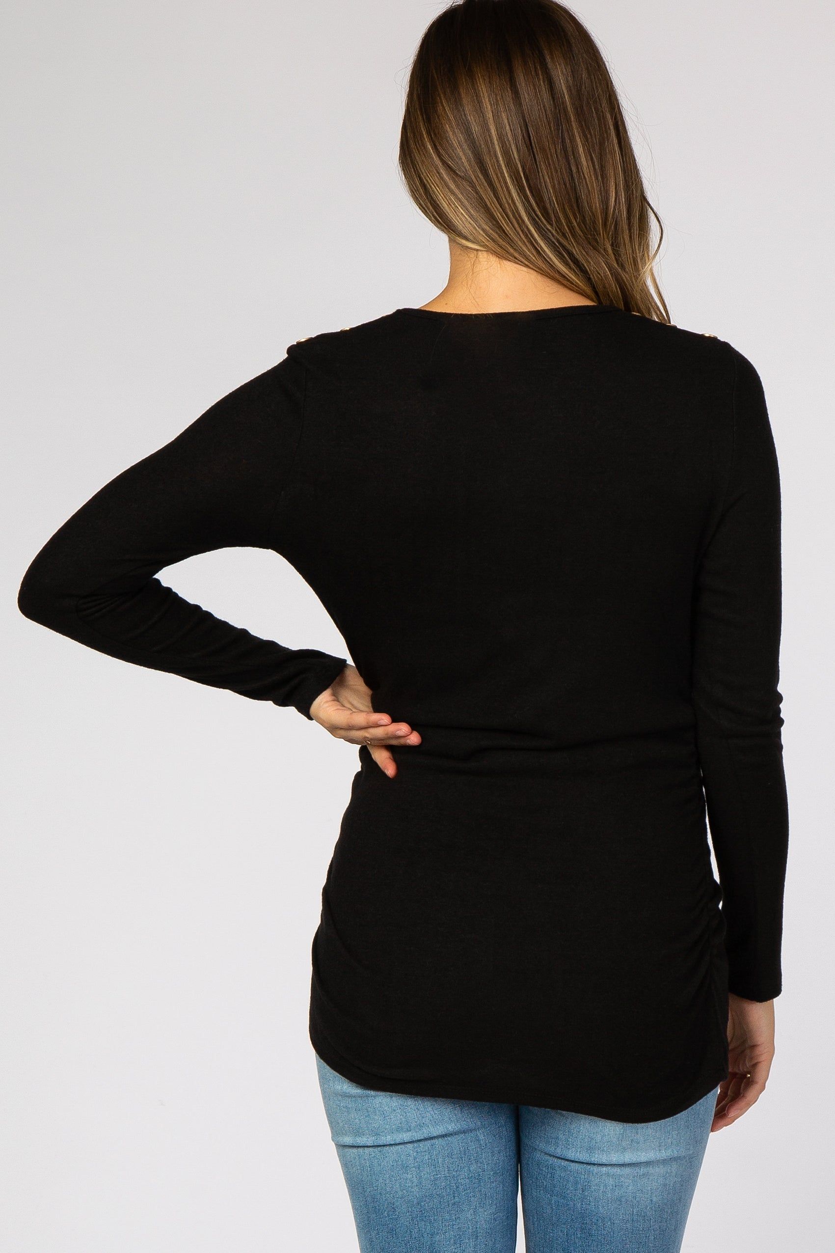 Black Soft Knit Button Shoulder Ruched Side Maternity Top sold by Pinkblush product image thumbnail 3