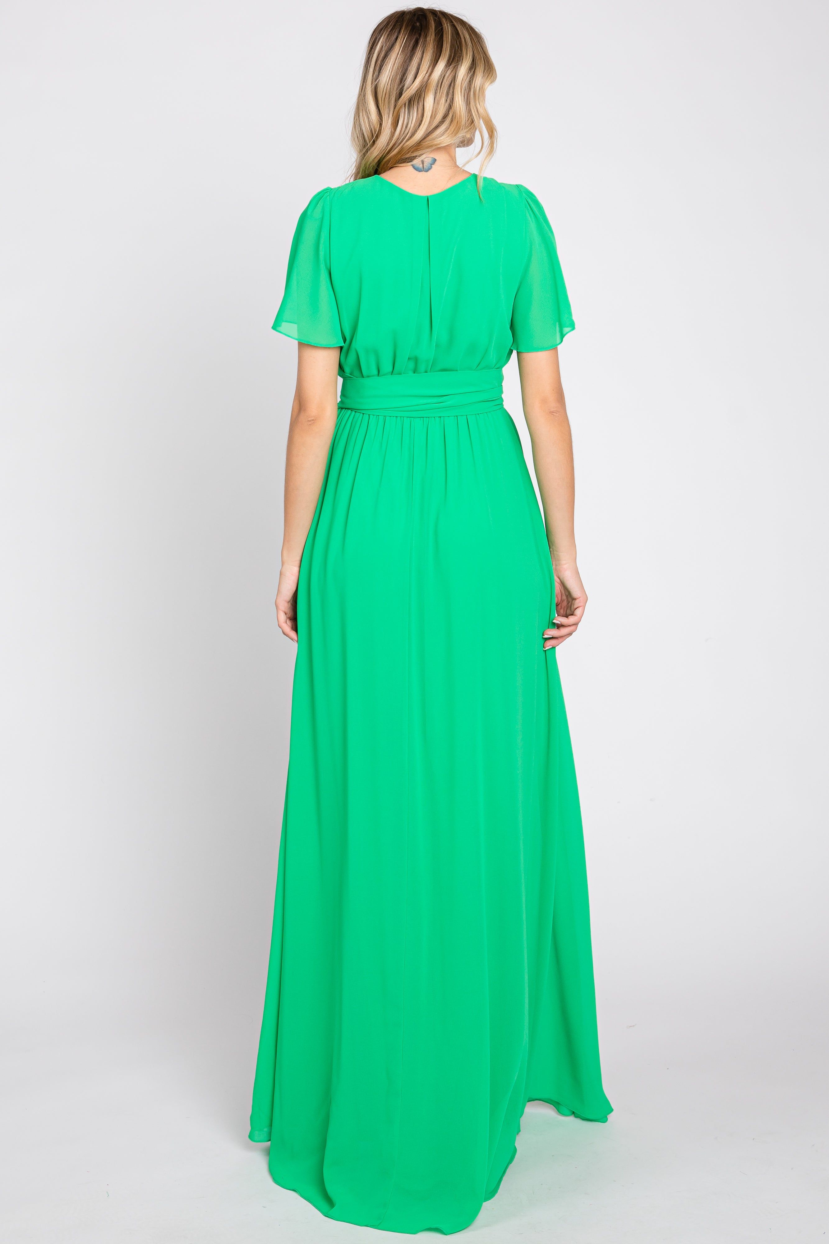 Green Chiffon Short Sleeve Wrap V-Neck Front Slit Maxi Dress sold by Pinkblush product image thumbnail 3