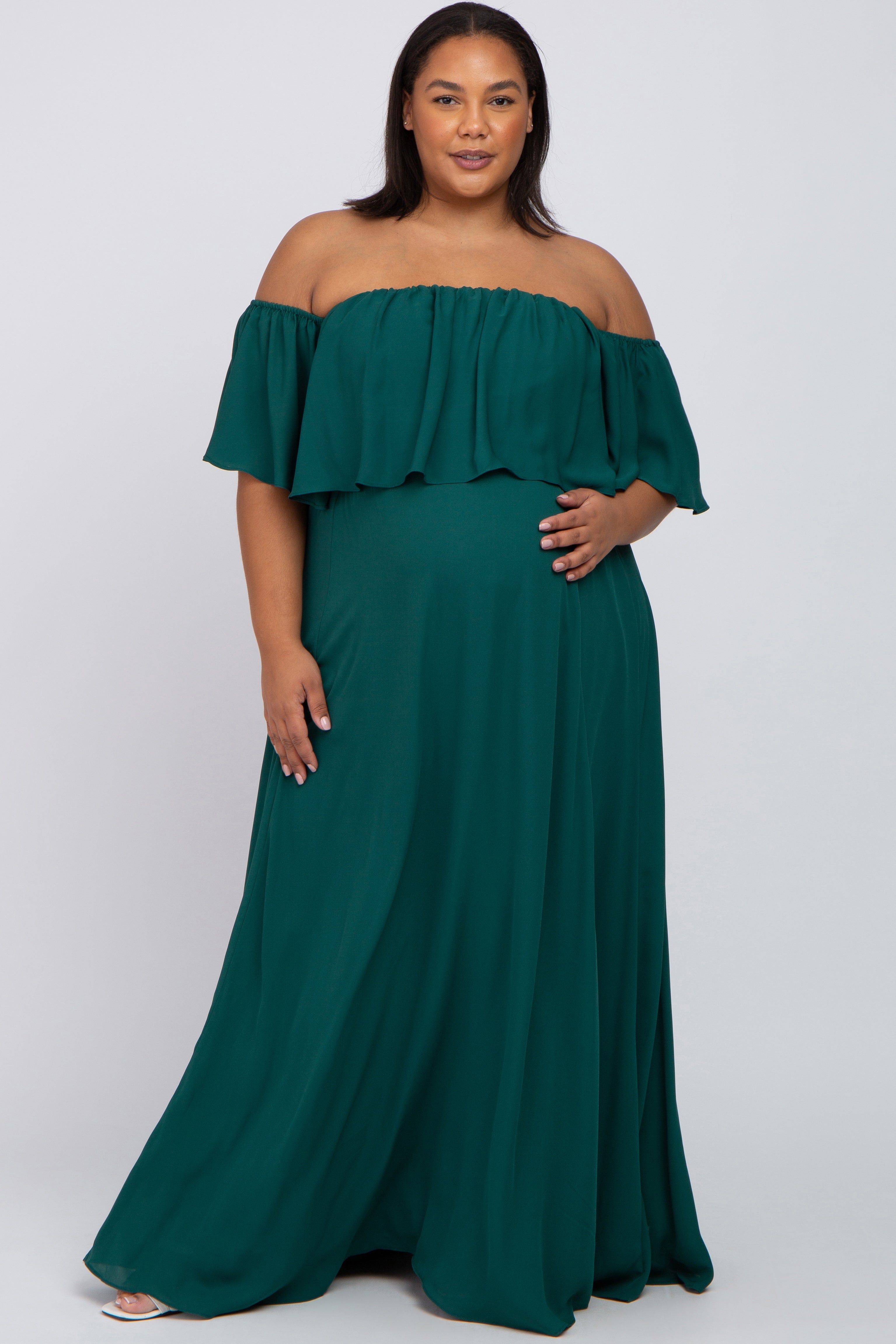 Forest Green Chiffon Off Shoulder Maternity Plus Gown sold by Pinkblush