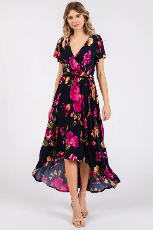Navy Blue Floral Print Wrap Front V-Neck Hi-Low Midi Dress sold by Pinkblush