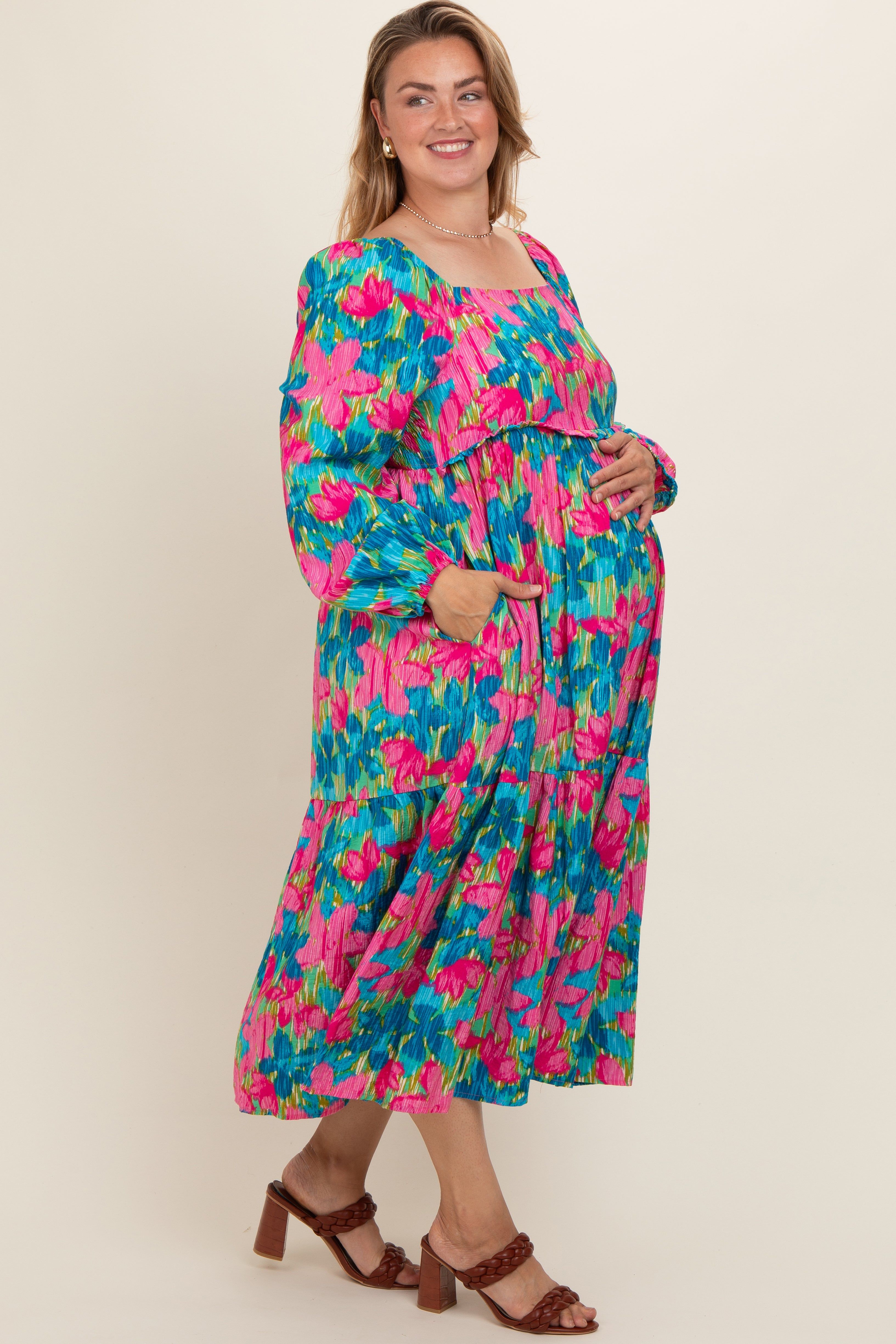 Blue Floral Long Sleeve Maternity Plus Midi Dress sold by Pinkblush product image thumbnail 2