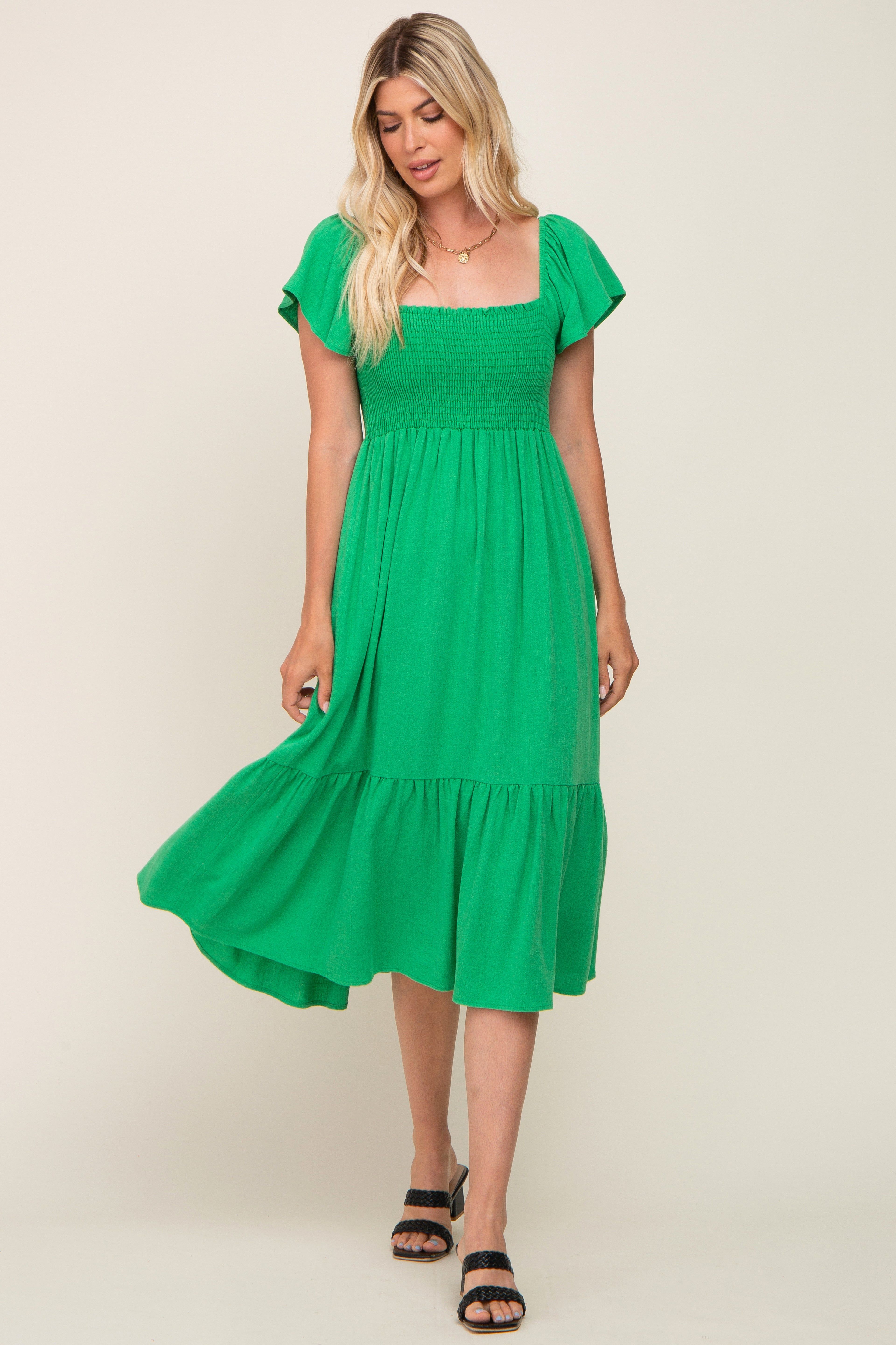 Green Smocked Ruffle Hem Midi Dress sold by Pinkblush