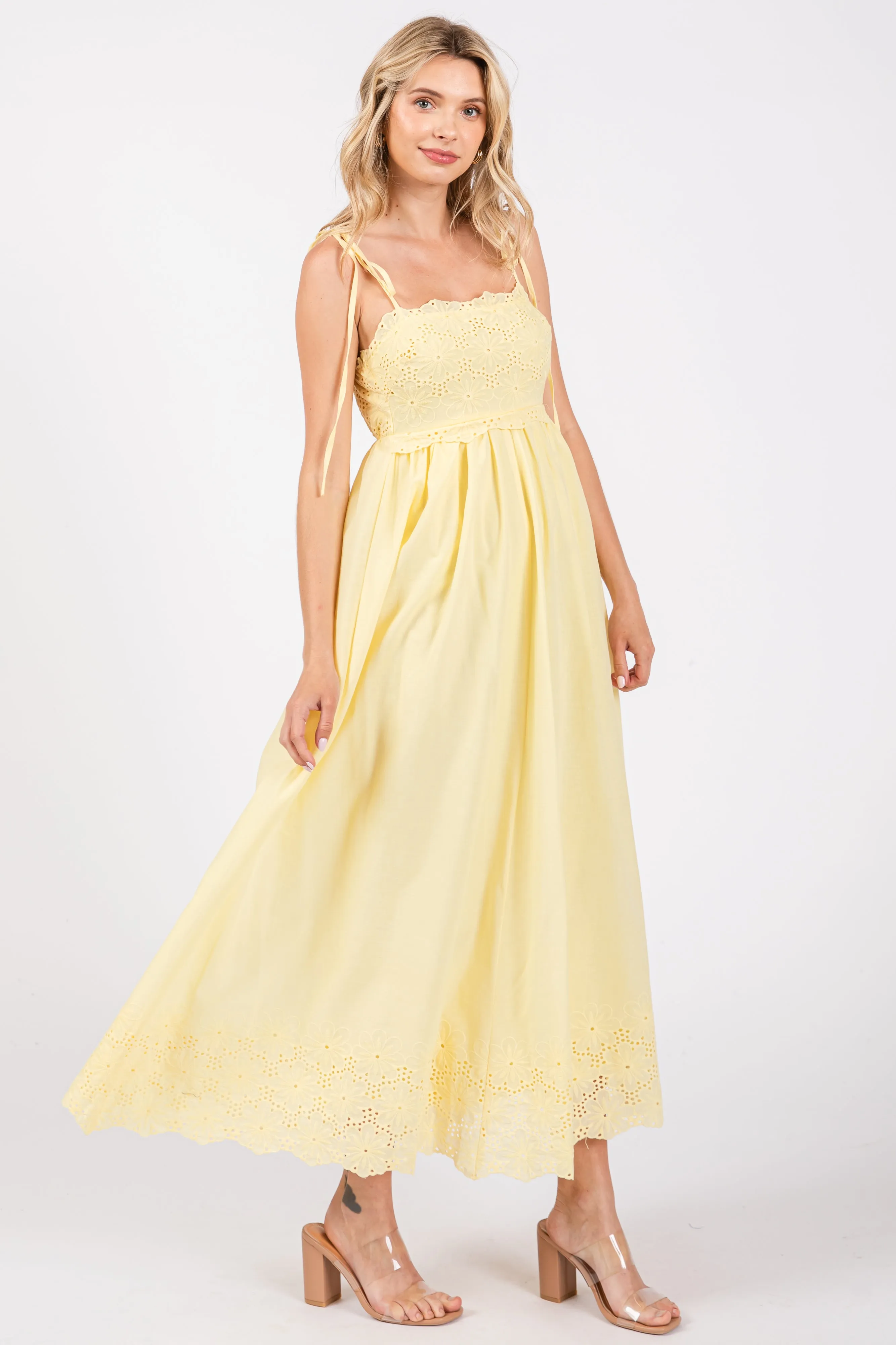 Yellow Eyelet Floral Shoulder Tie Dress sold by Pinkblush product image thumbnail 2