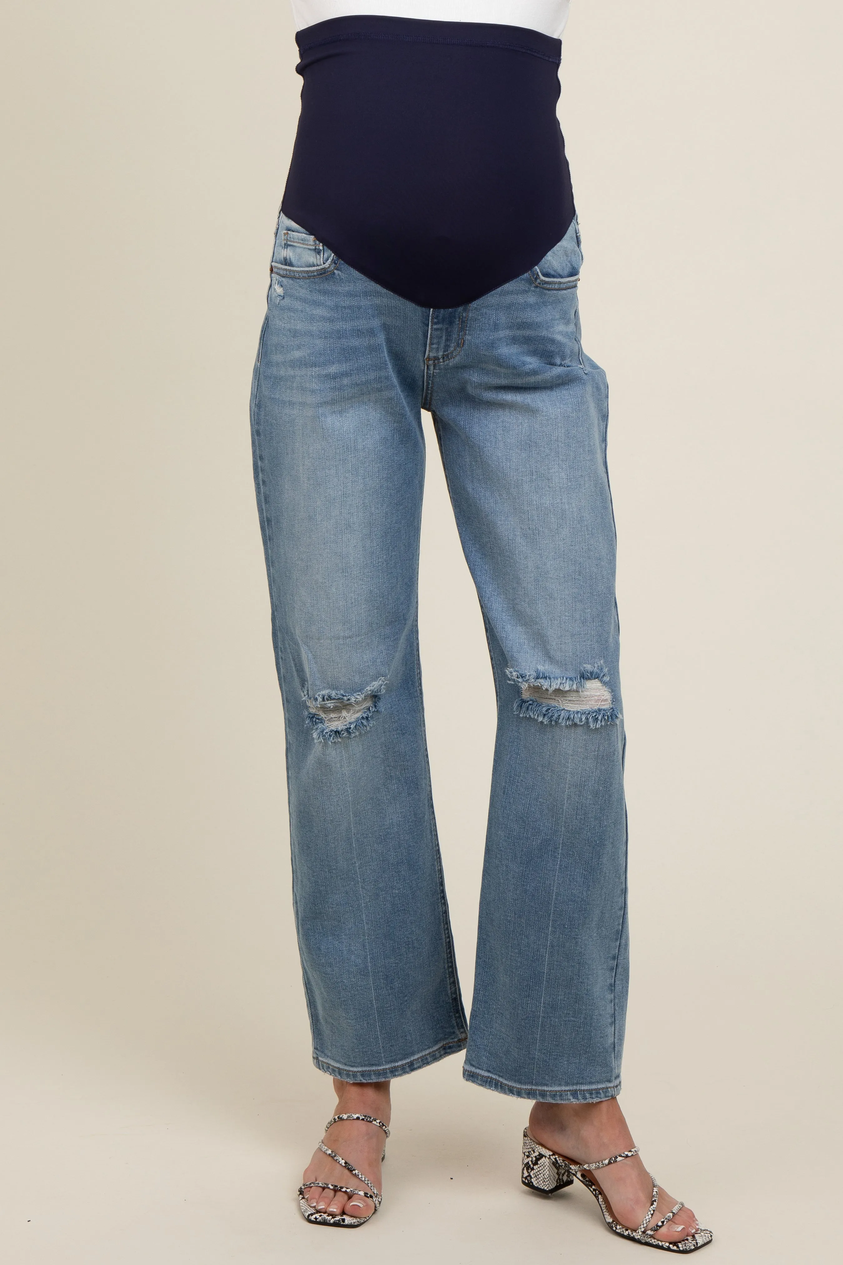 Blue Distressed Knee Straight Leg Maternity Jeans sold by Pinkblush product image thumbnail 2