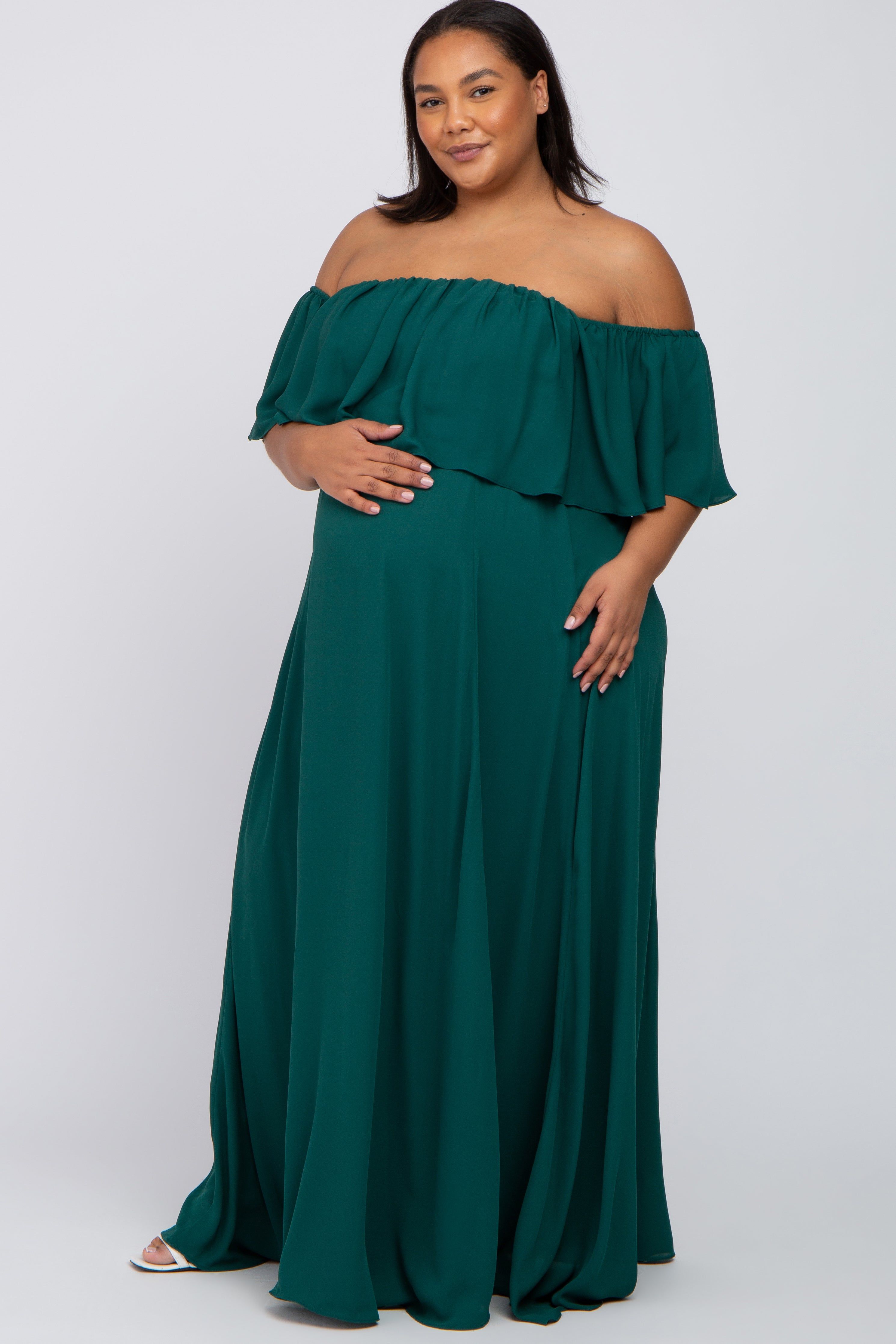 Forest Green Chiffon Off Shoulder Maternity Plus Gown sold by Pinkblush product image thumbnail 2