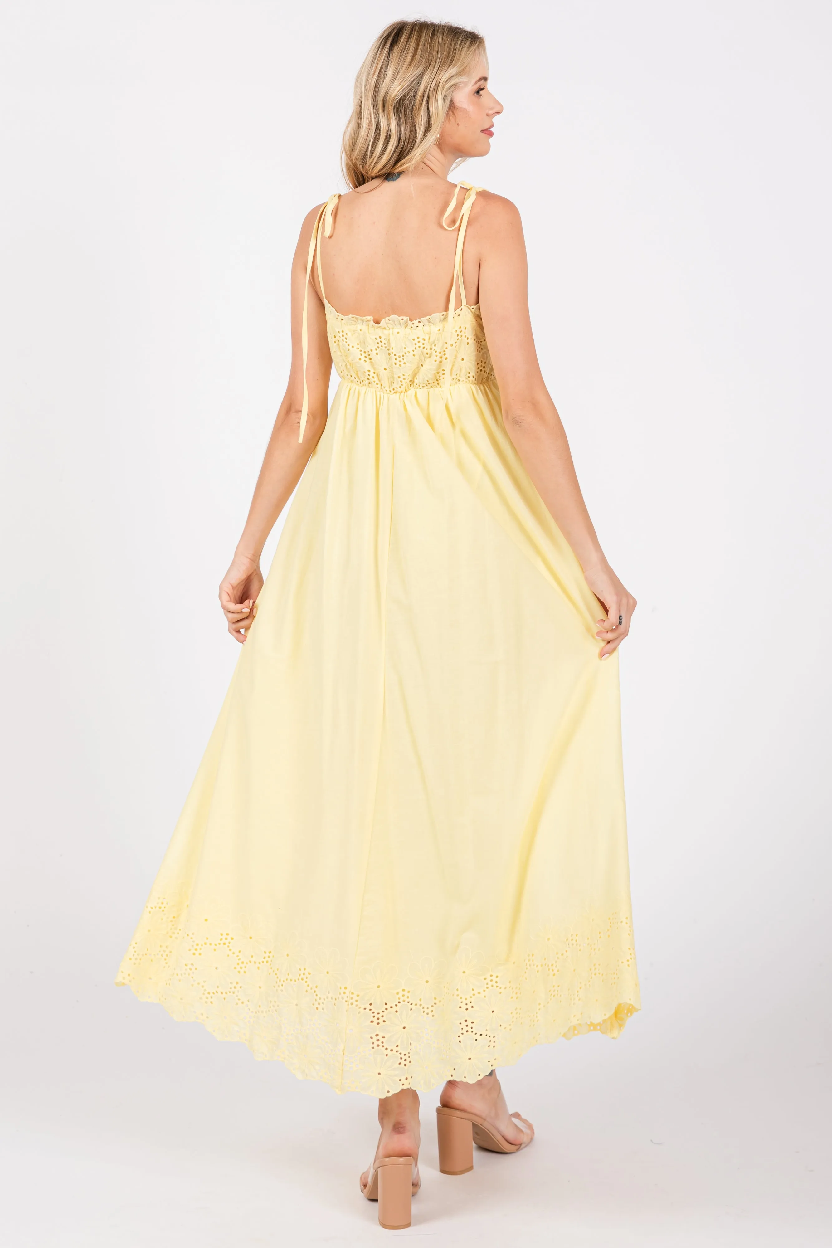Yellow Eyelet Floral Shoulder Tie Dress sold by Pinkblush product image thumbnail 3