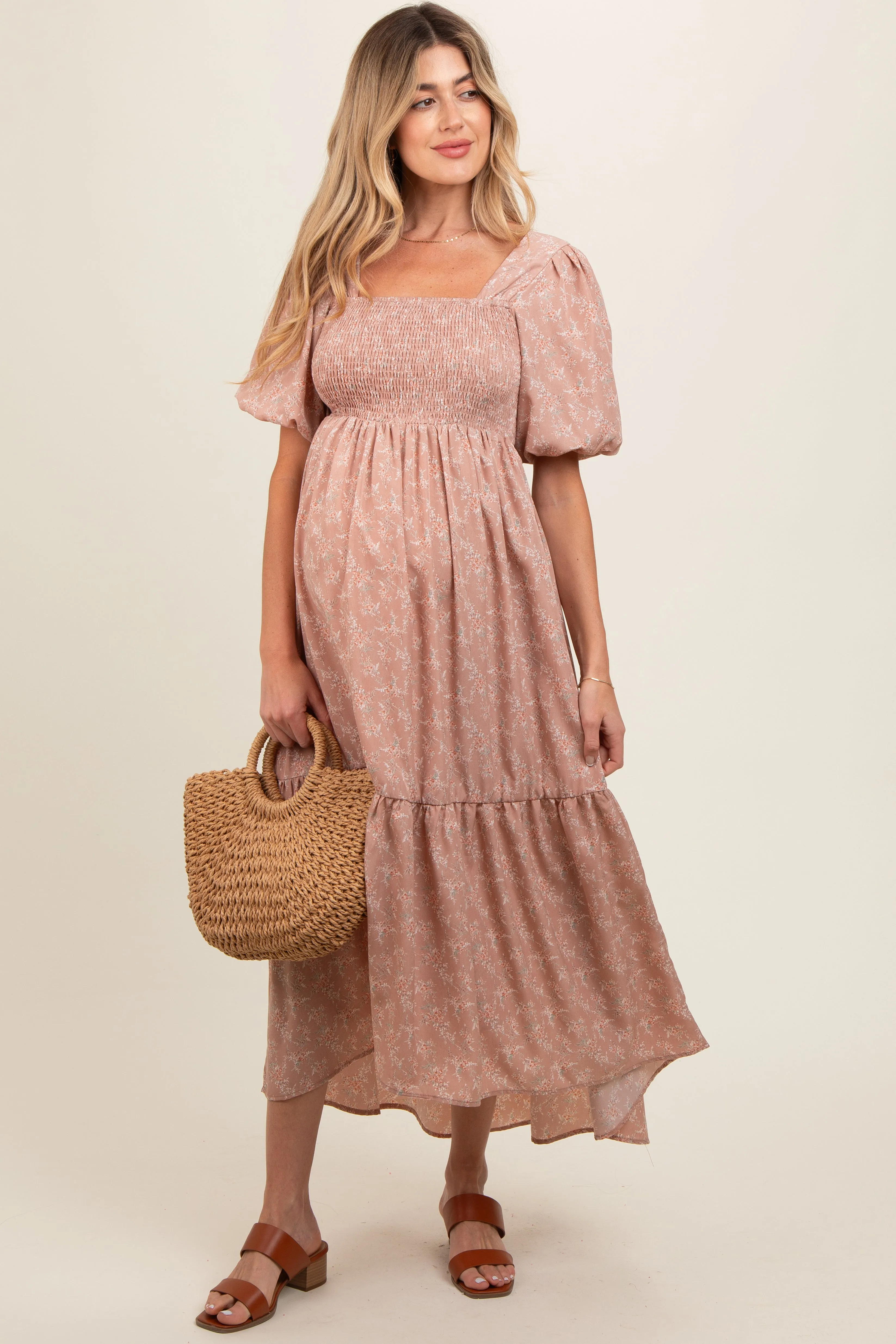 Light Pink Floral Smocked Square Neck Short Puff Sleeve Maternity Midi Dress sold by Pinkblush