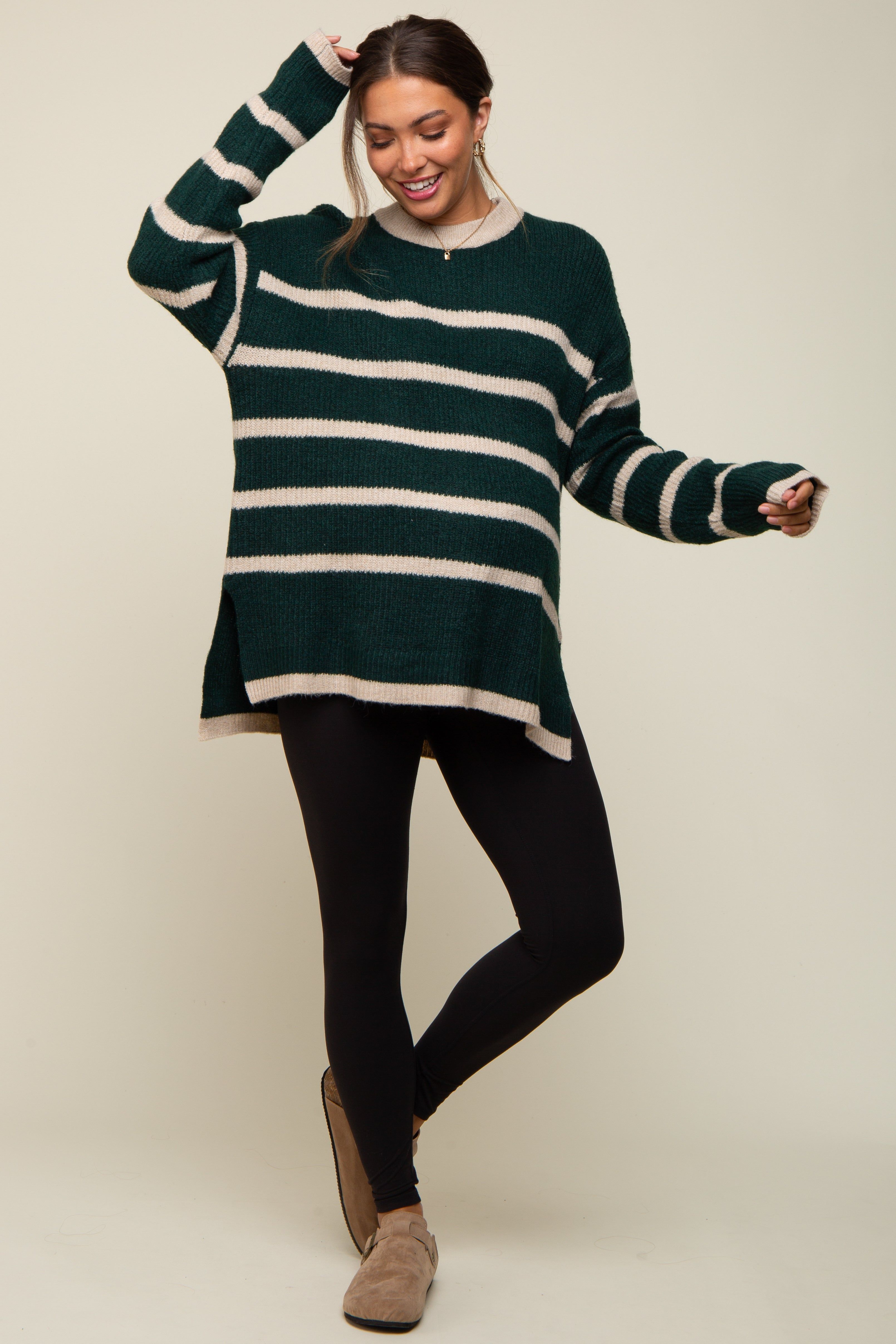 Hunter Green Striped Knit Lightweight Maternity Sweater sold by Pinkblush