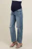 Blue Distressed Knee Straight Leg Maternity Jeans sold by Pinkblush
