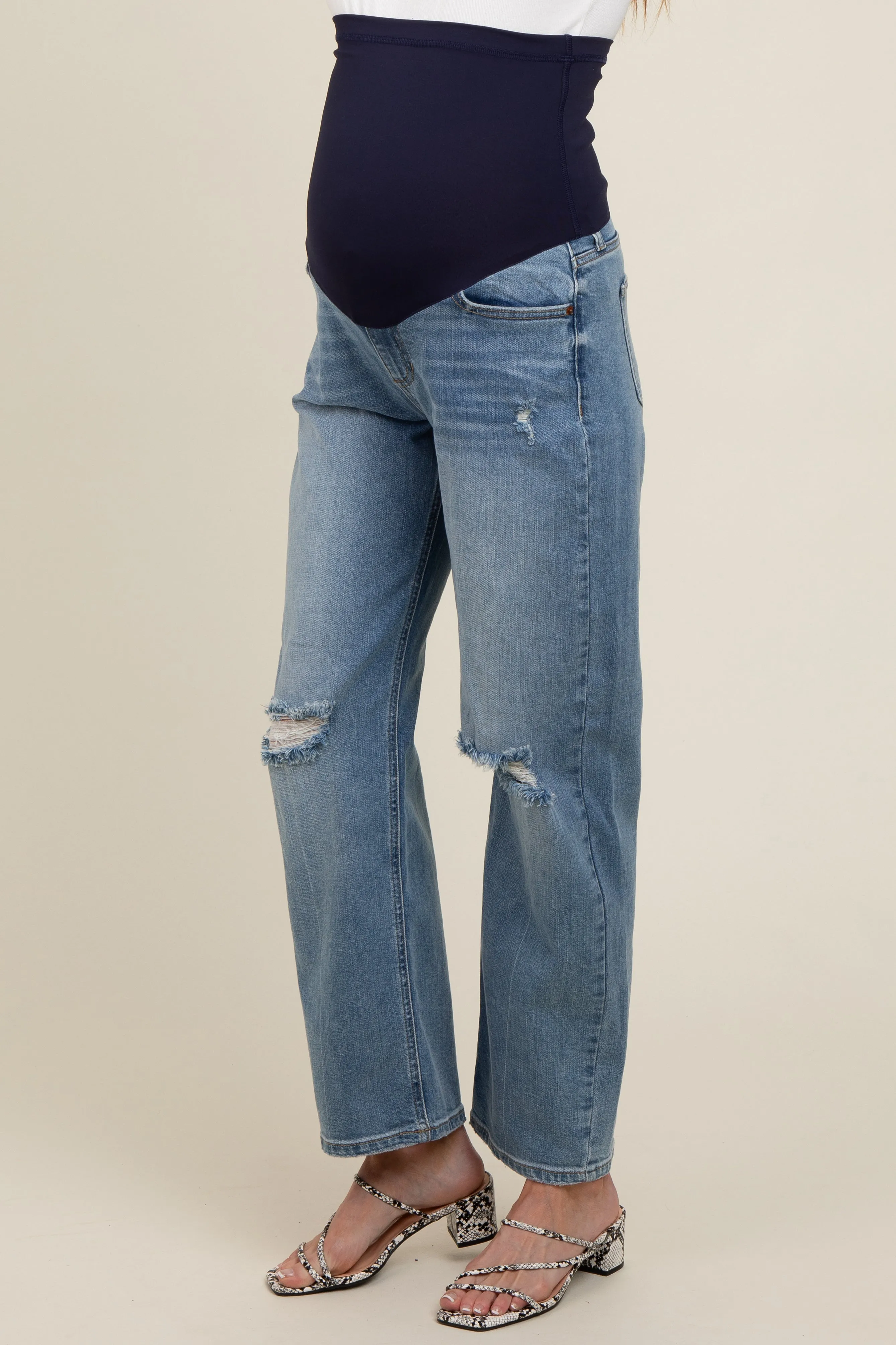 Blue Distressed Knee Straight Leg Maternity Jeans sold by Pinkblush product image thumbnail 3