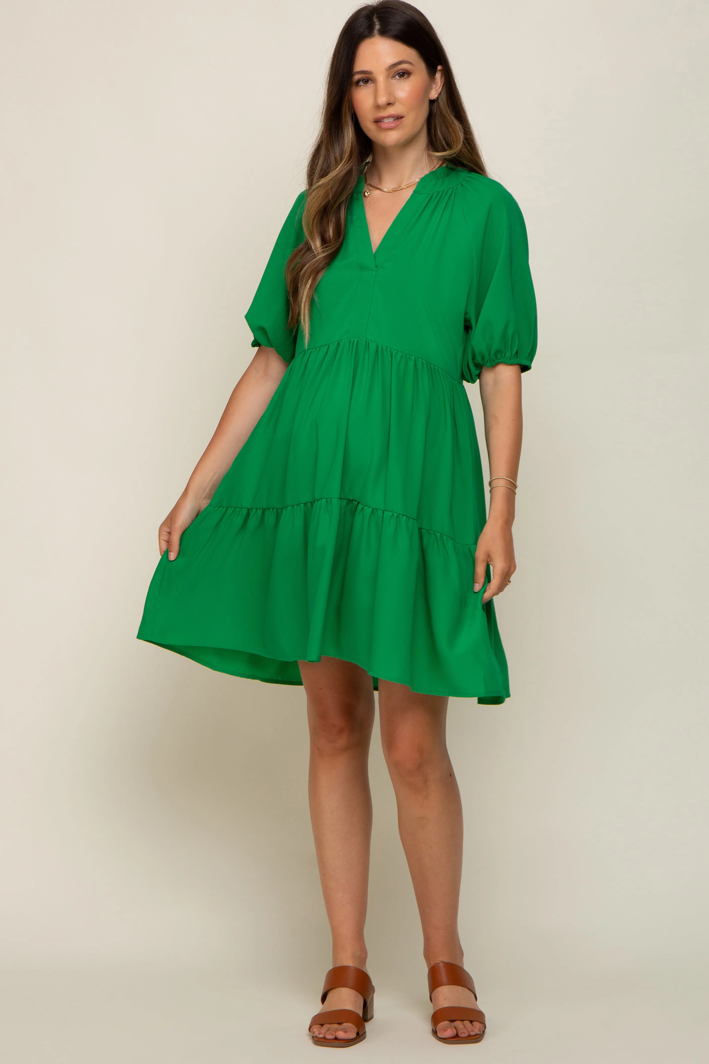 Green Satin Ruffle V-Neck Short Sleeve Maternity Dress sold by Pinkblush product image thumbnail 5