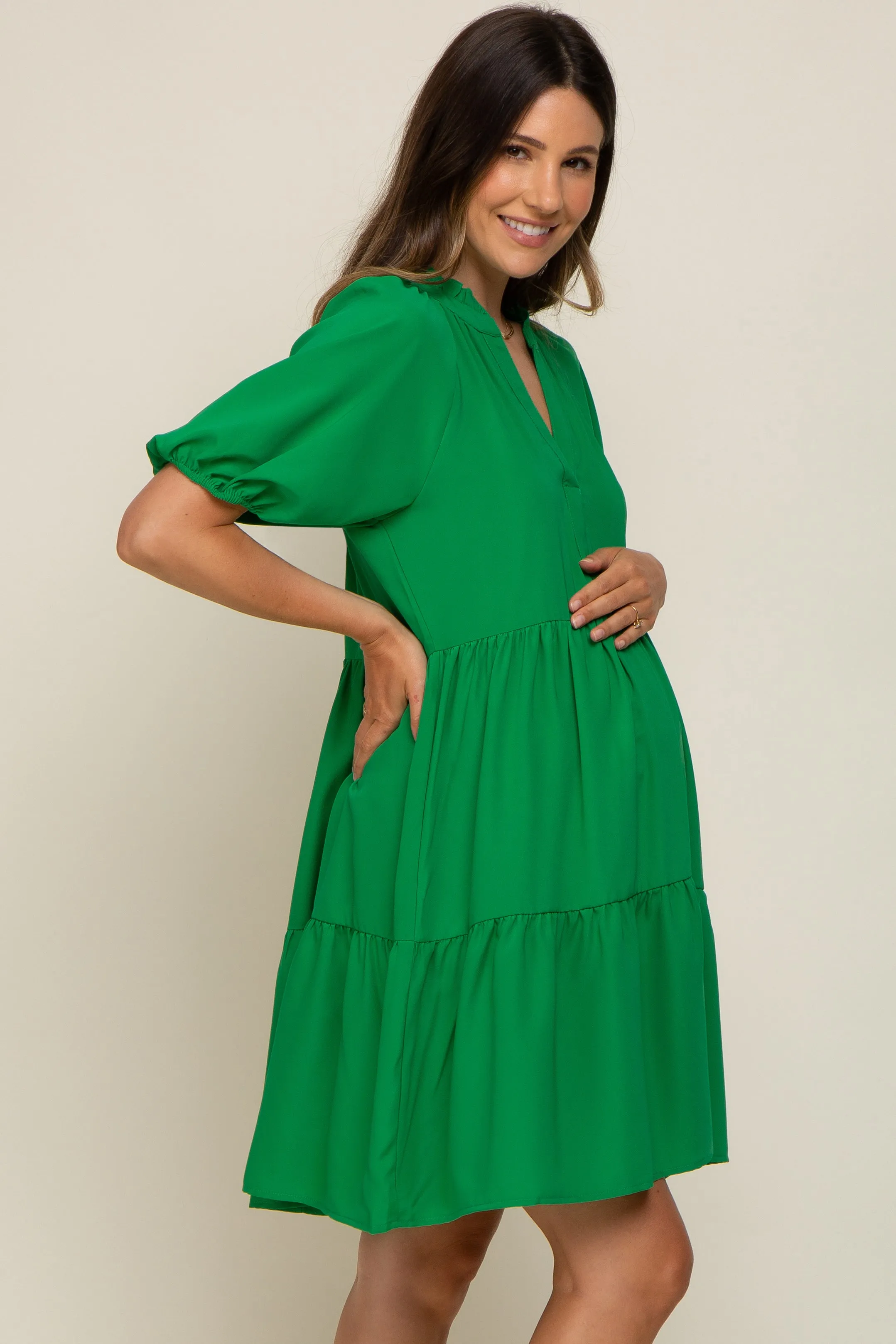Green Satin Ruffle V-Neck Short Sleeve Maternity Dress sold by Pinkblush product image thumbnail 3